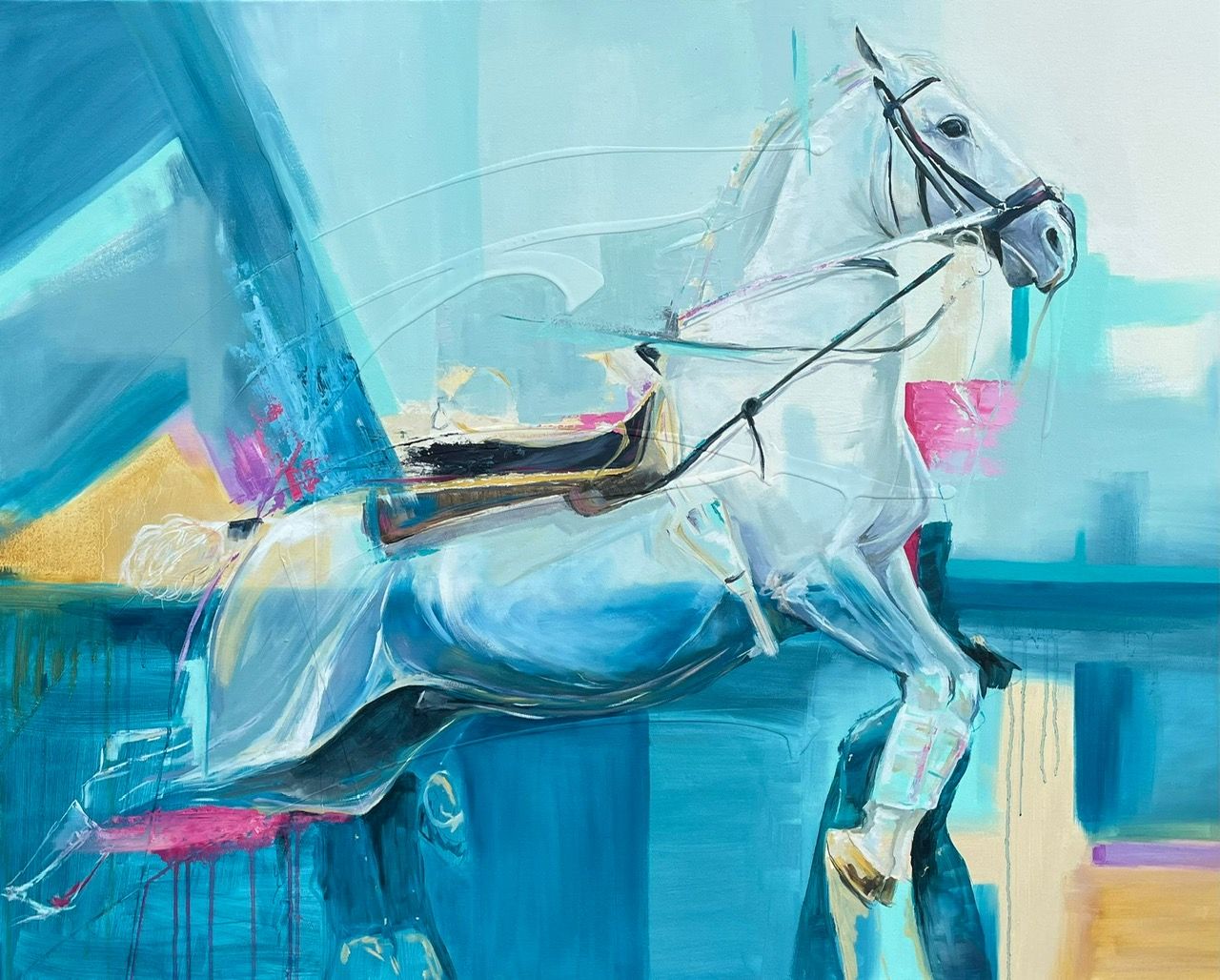 A painting of a white horse on a blue background.