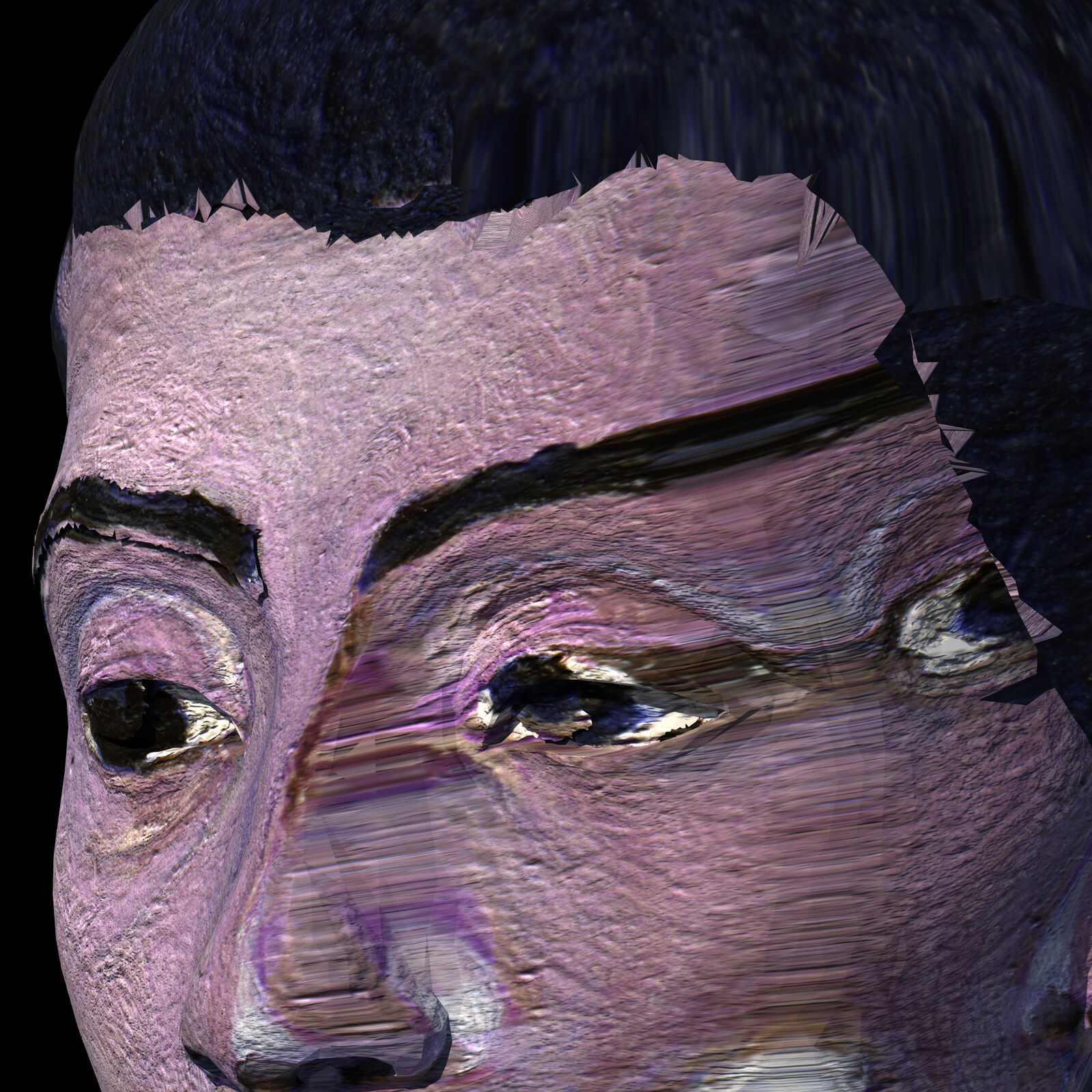 A small oil painting of a face with purple skin and black hair against a white textured wall.