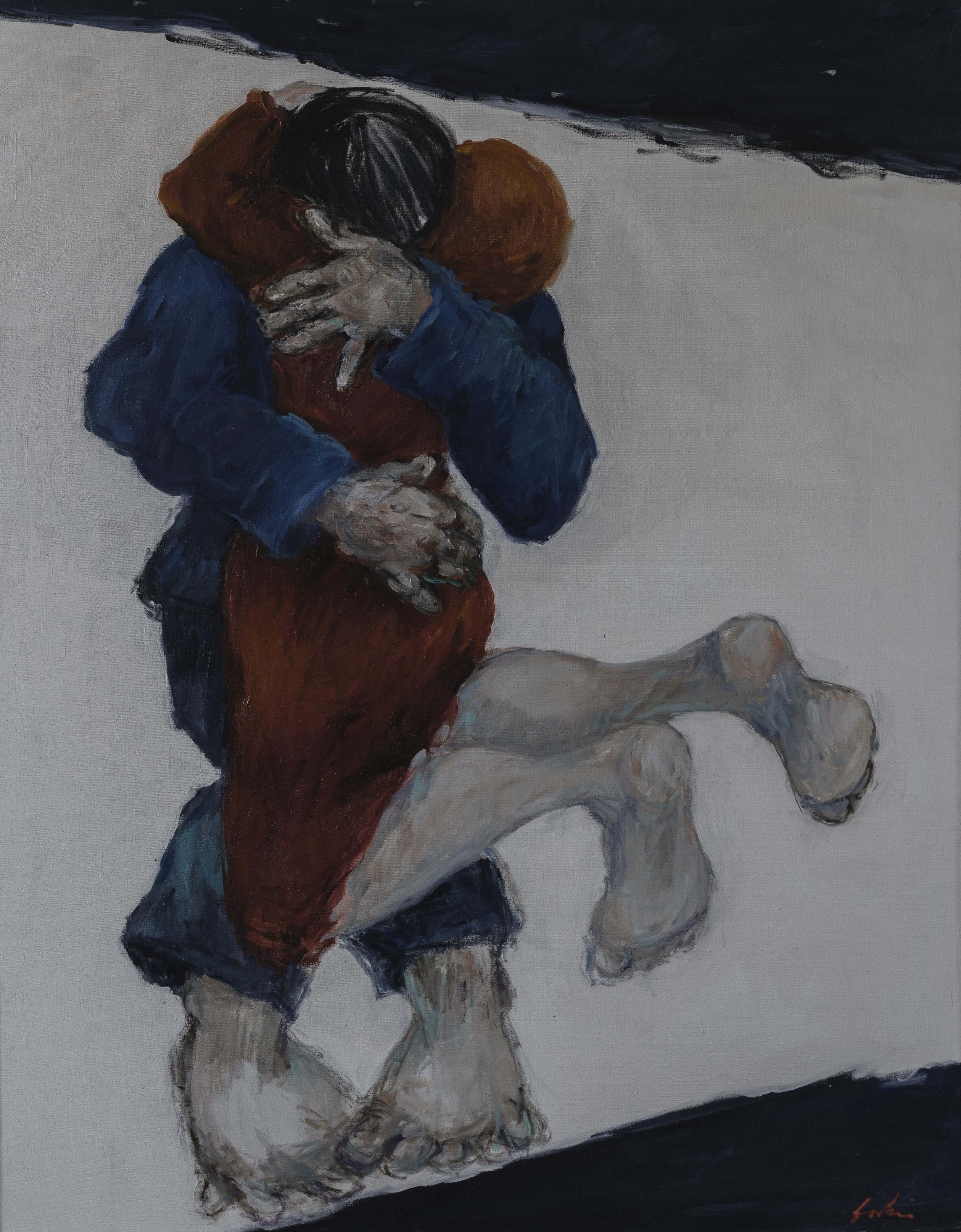 A painting of two people hugging each other on a white surface.