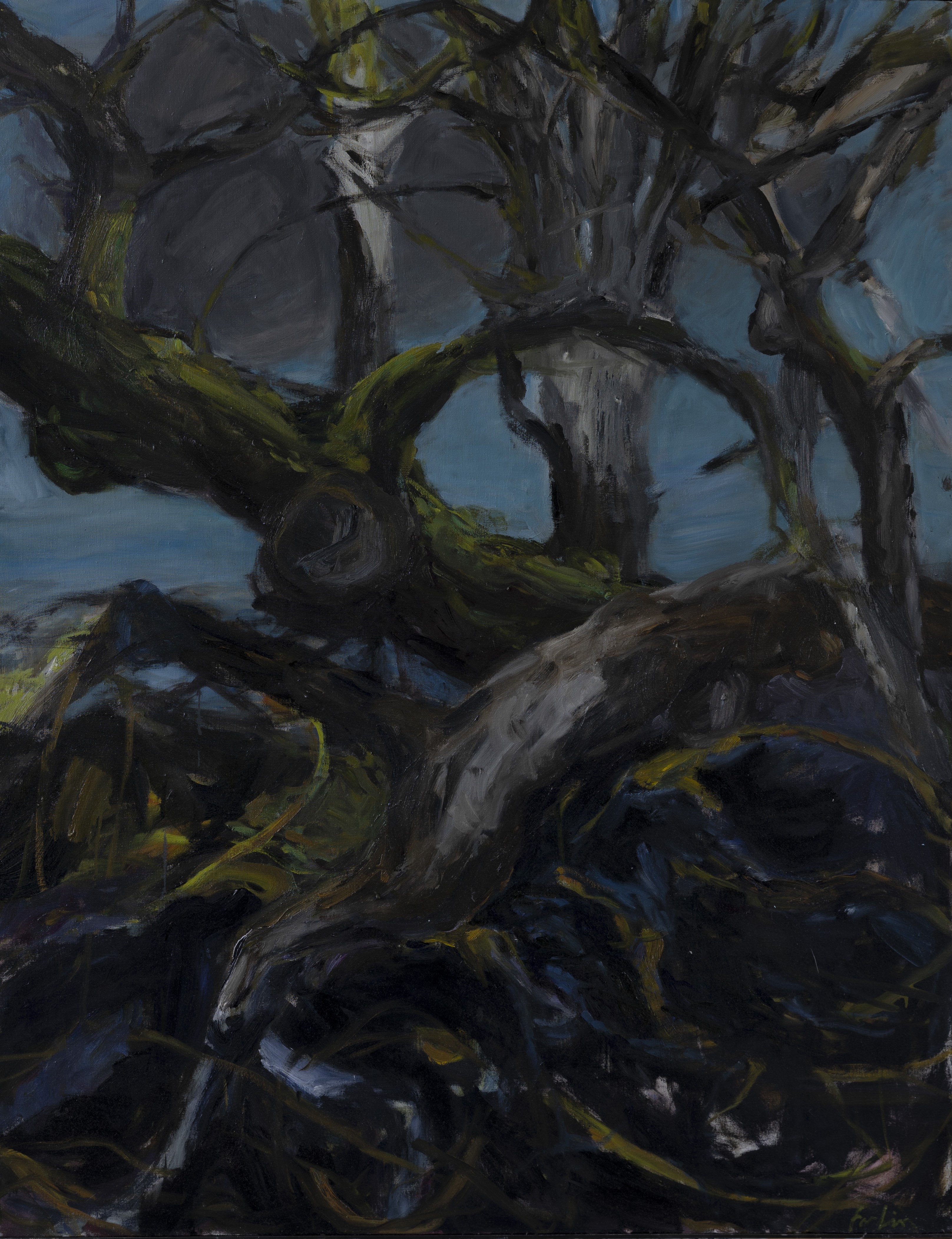 A painting of a tree that is in the middle of a field.