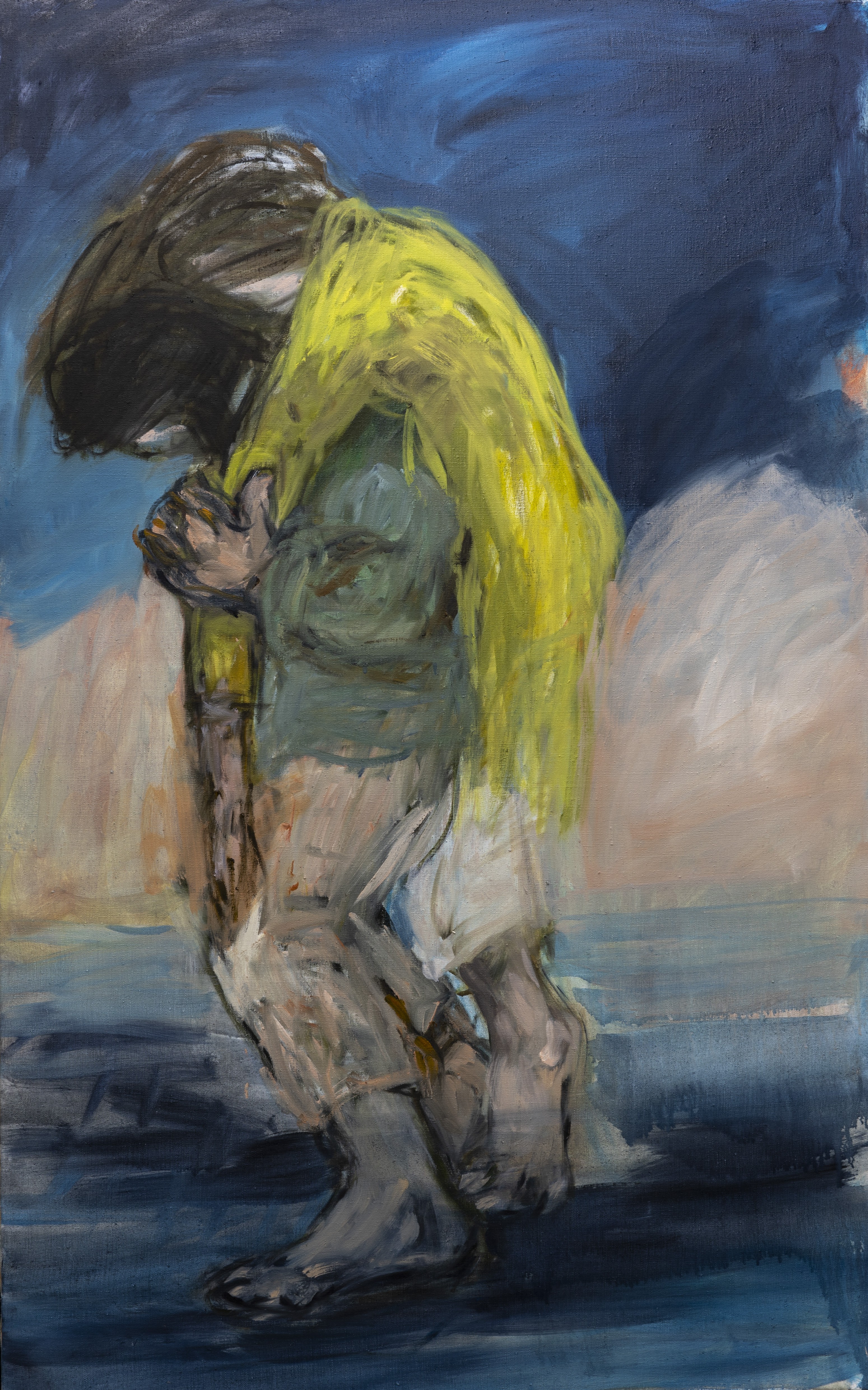 A painting of a person kneeling down with their head in their hands.