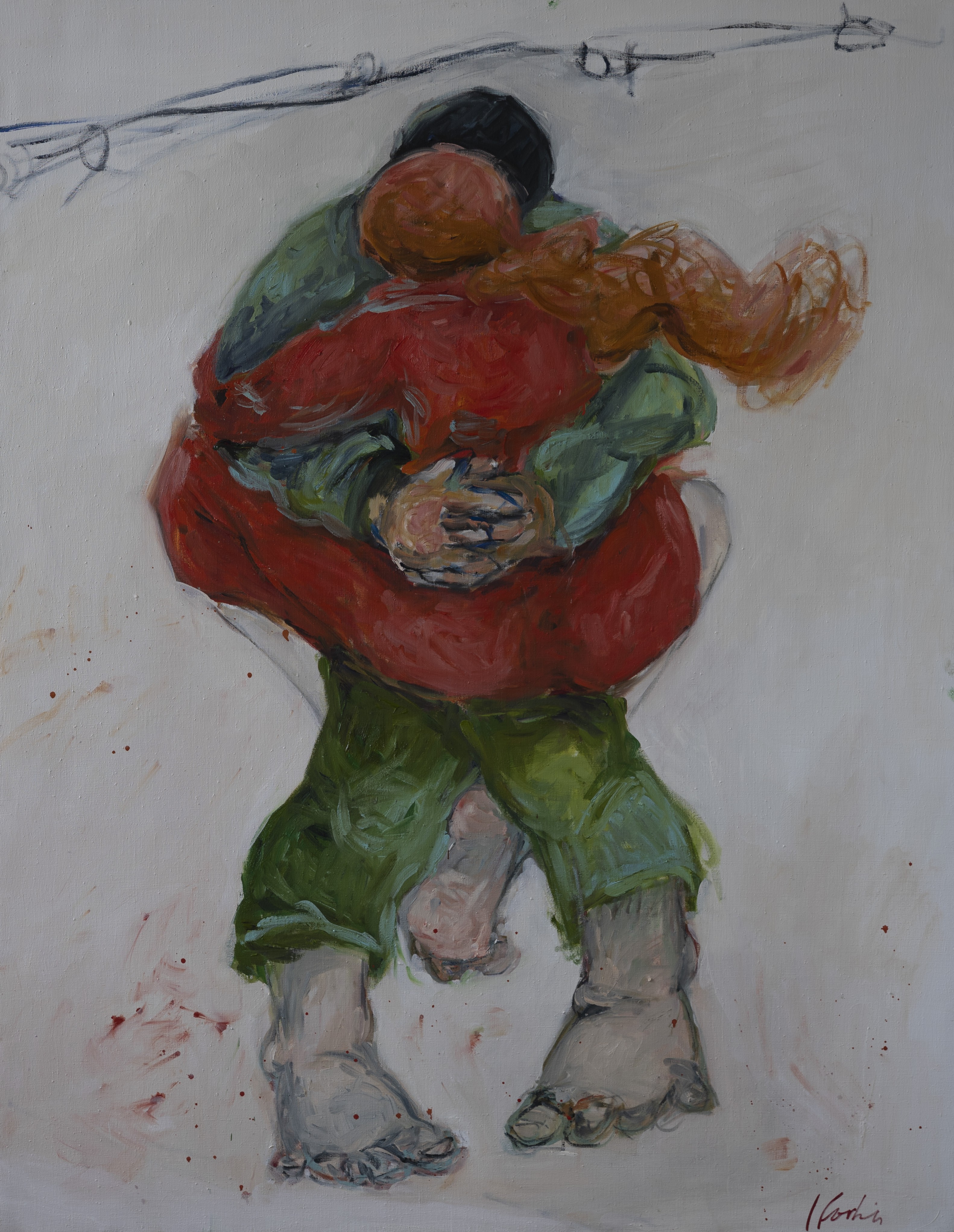 A painting of a man holding a child in his arms.