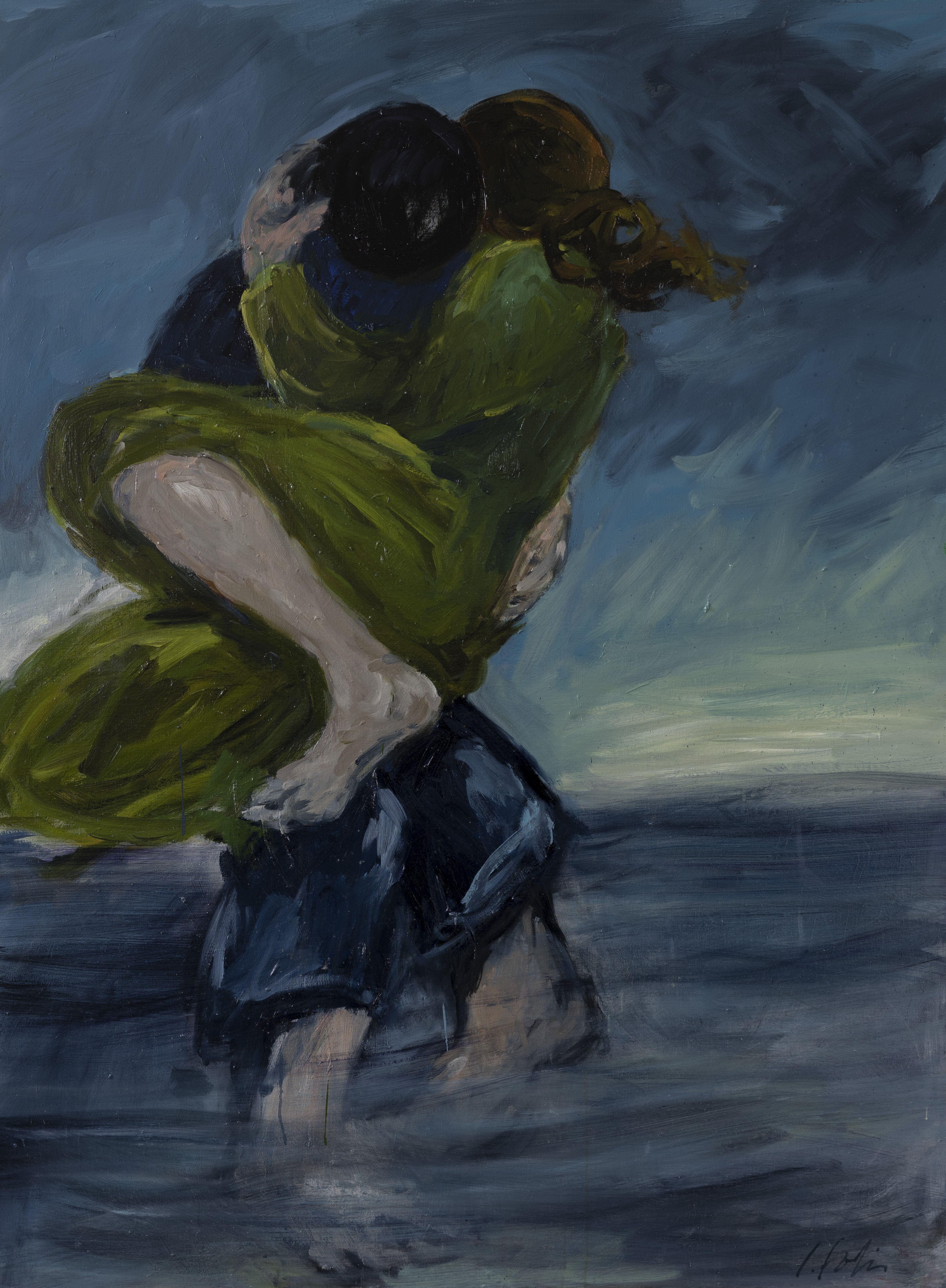 A painting of a man and a woman hugging on the beach.