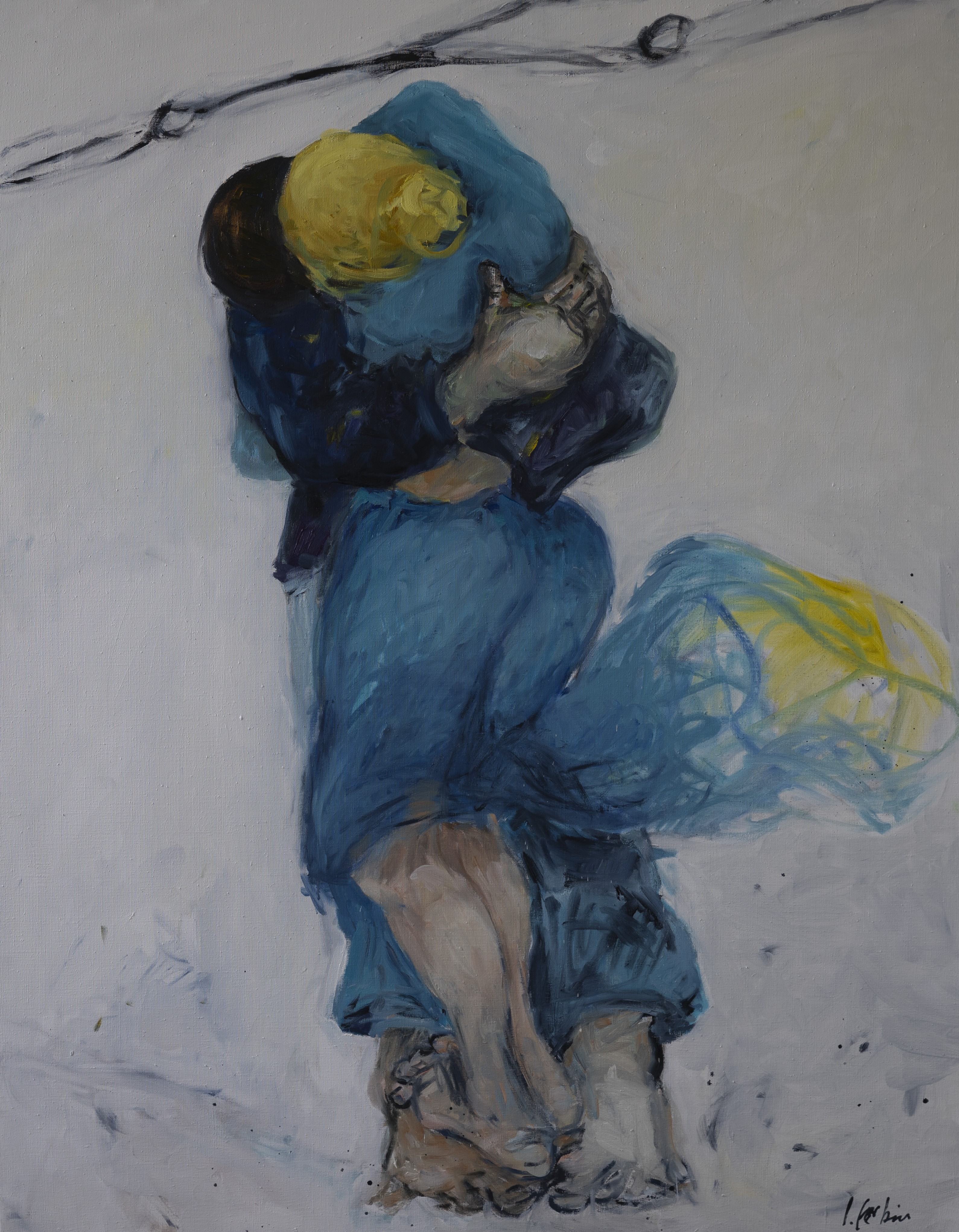 A romantic embrace captured in loose, expressive brushstrokes with a focus on deep blues and warm yellows.