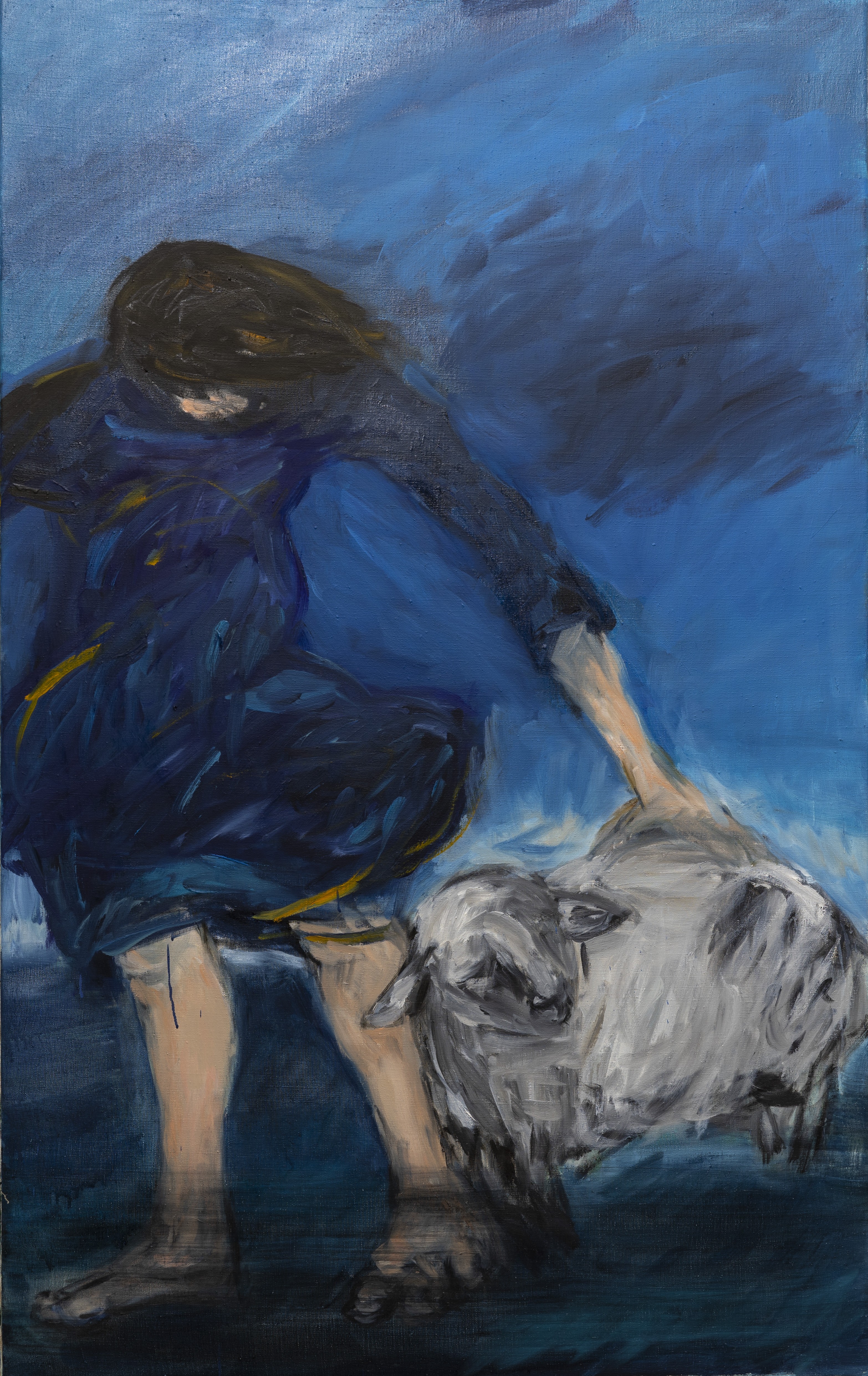 A painting of a woman bending over to pet a sheep.