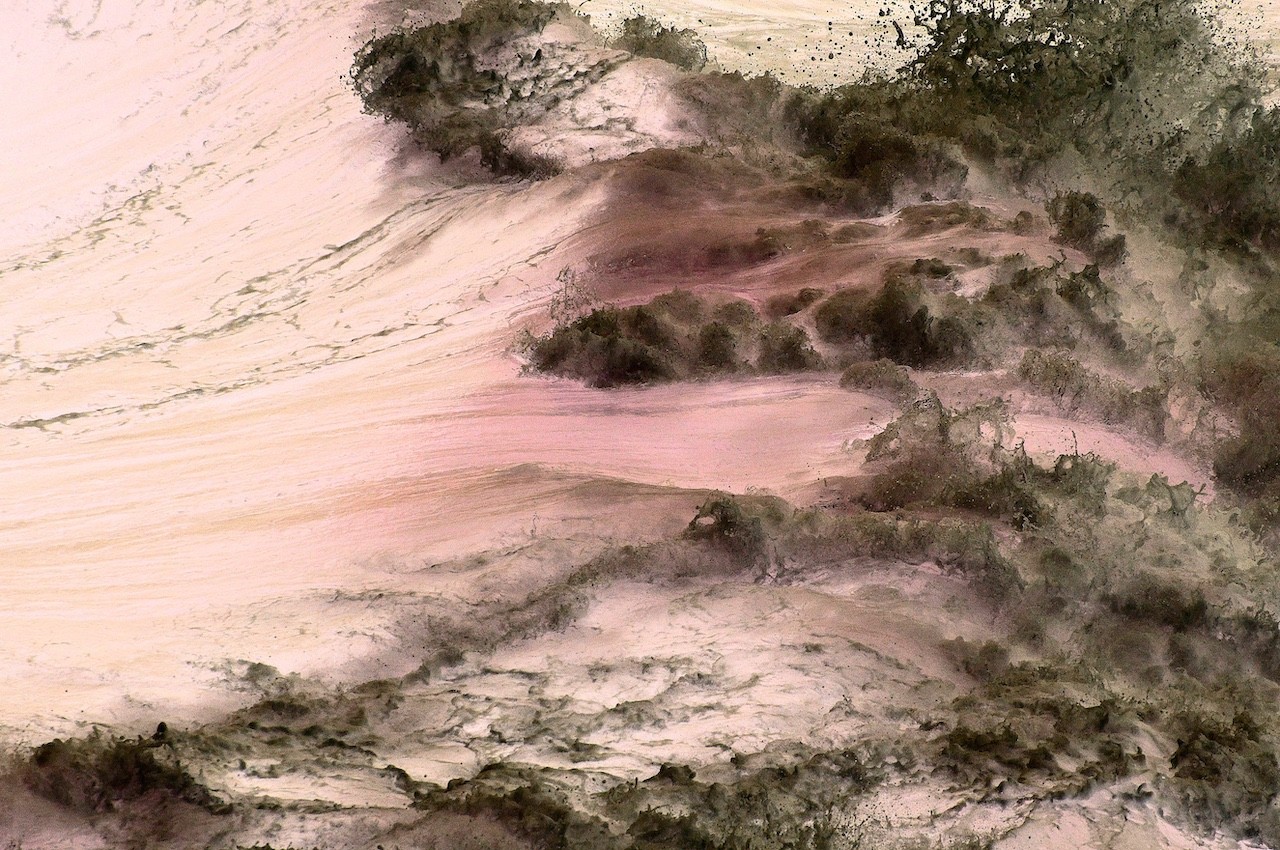 A textured landscape painting featuring rolling hills in soft pinks and earthy greens.