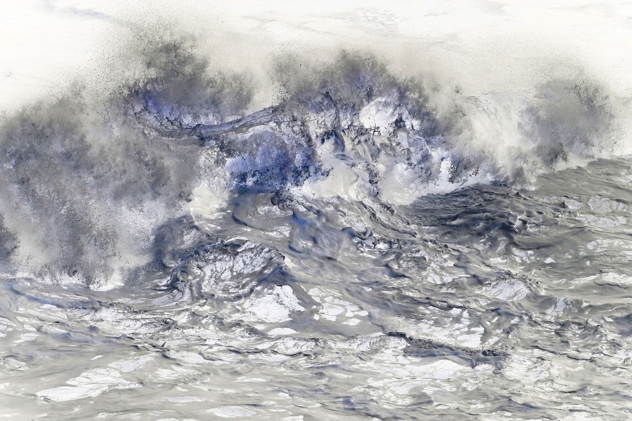 A monochromatic abstract composition depicting a turbulent, misty landscape.