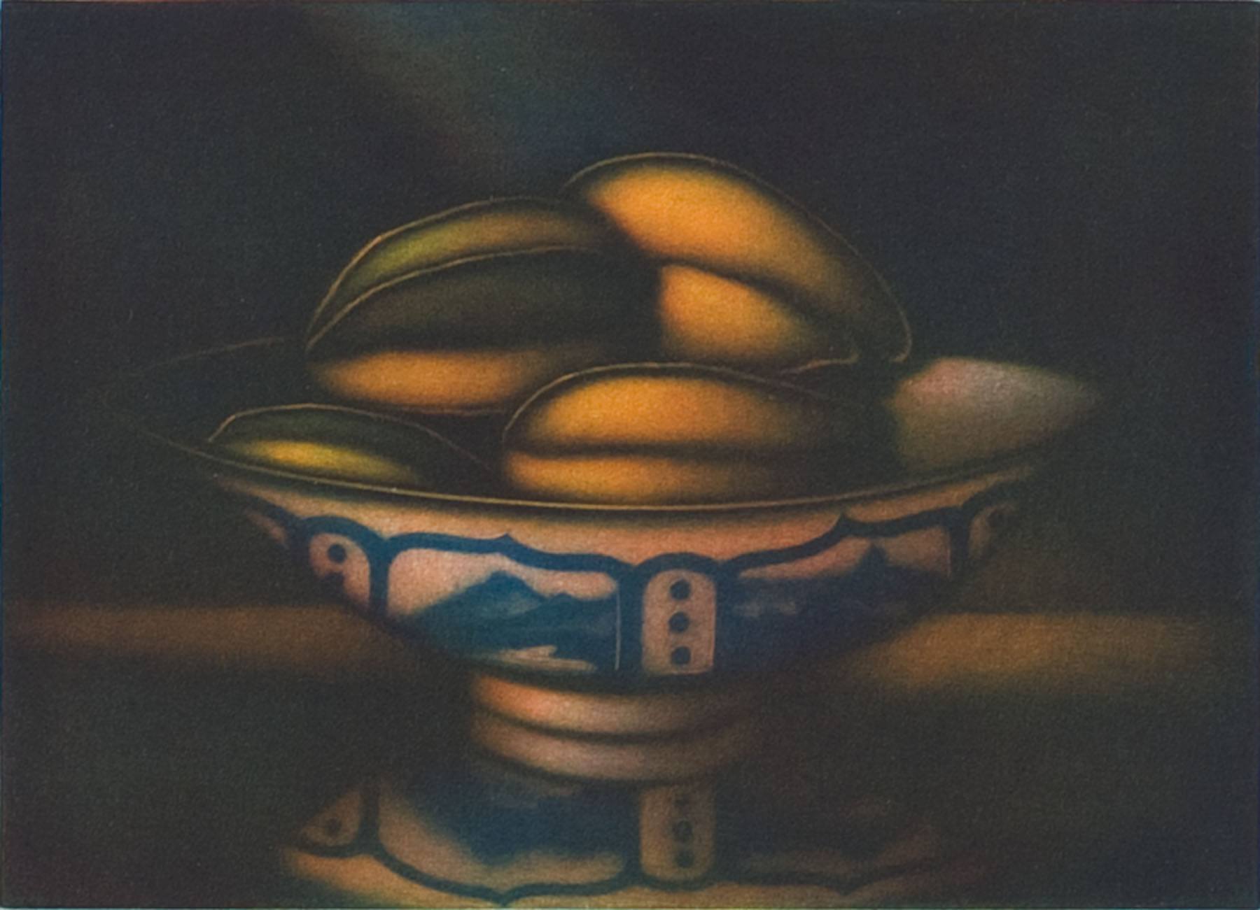 A painting of a bowl of fruit on a table.
