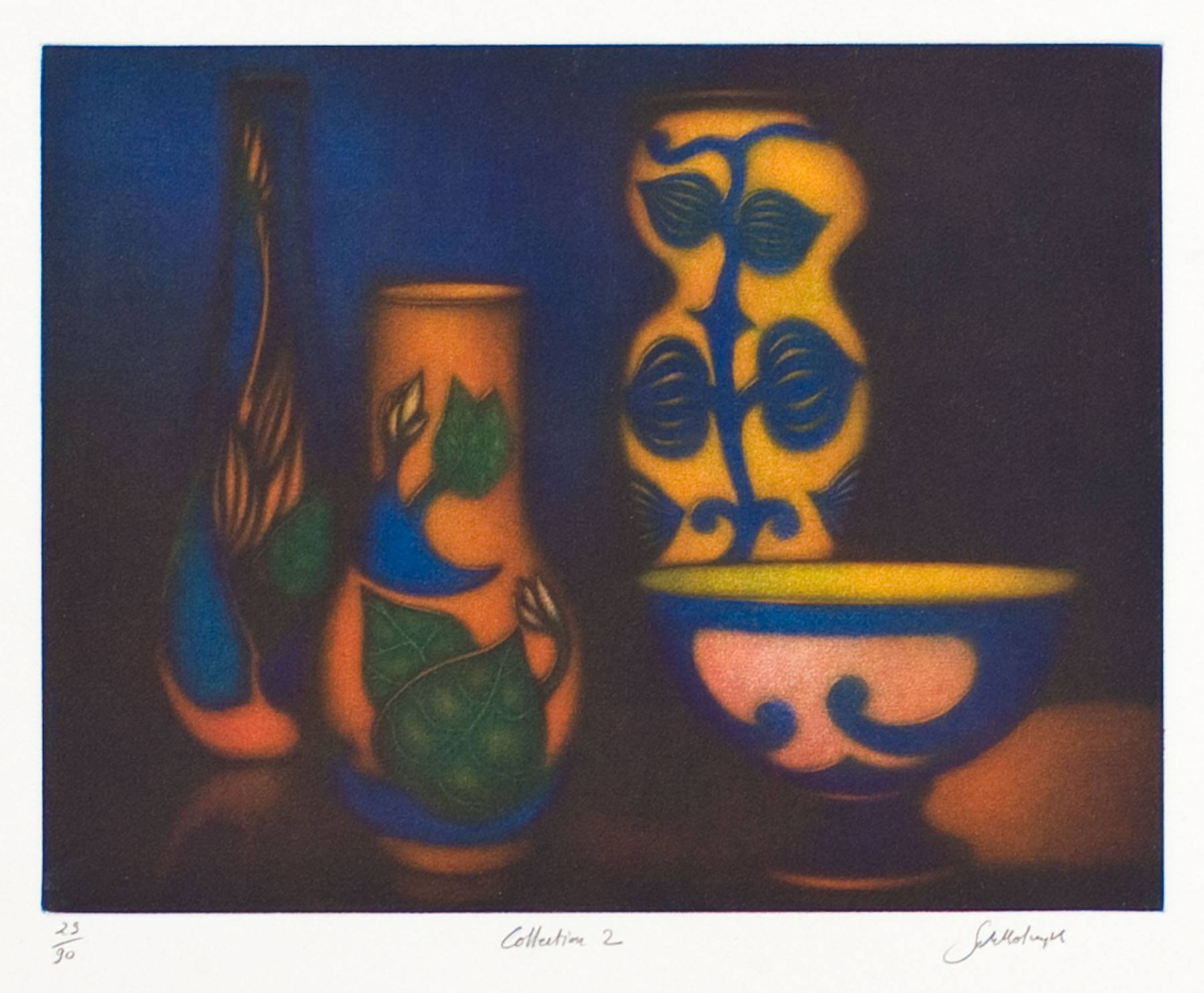 A painting of three vases and a bowl on a table.