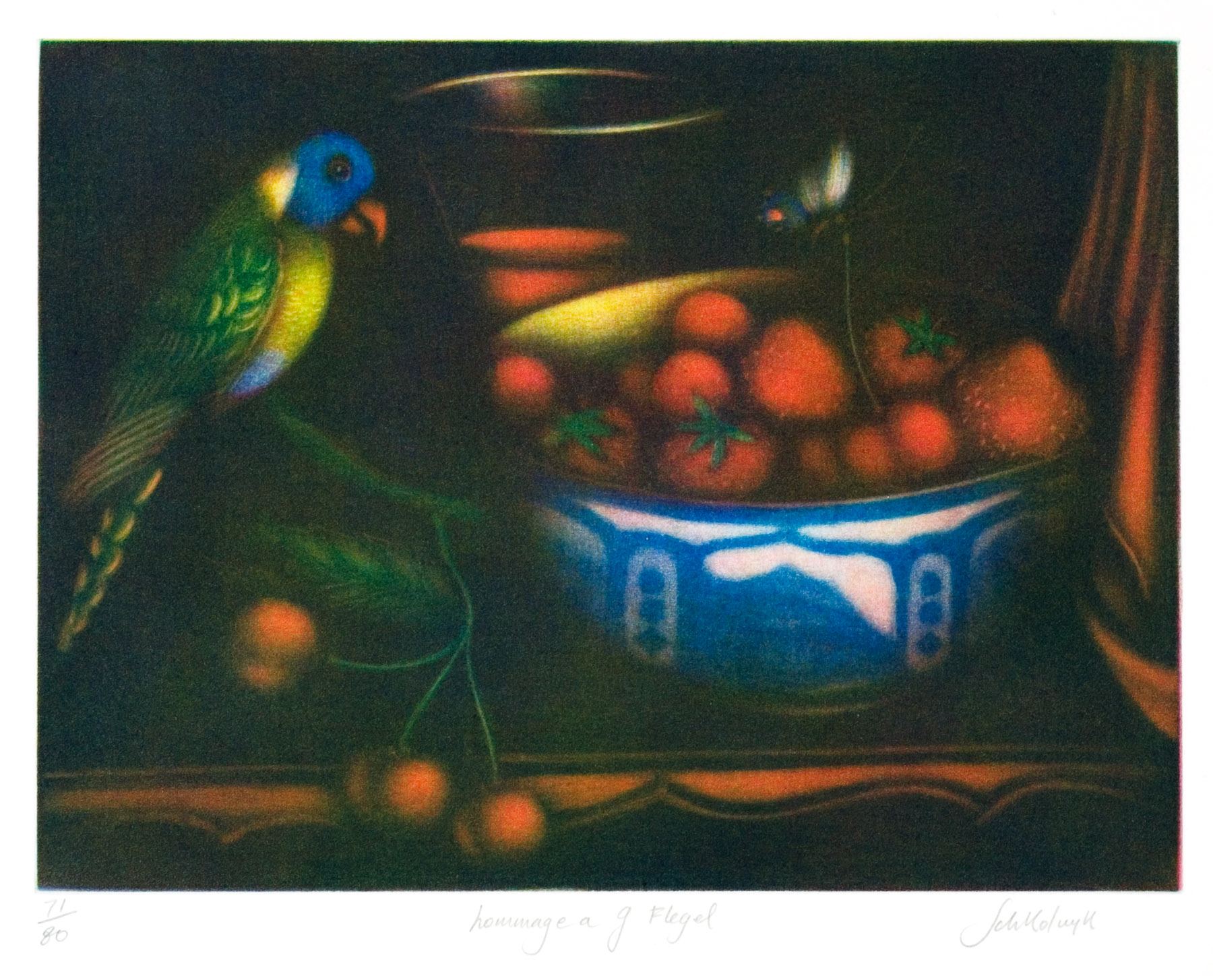 A painting of a bowl of fruit and a parrot on a table.