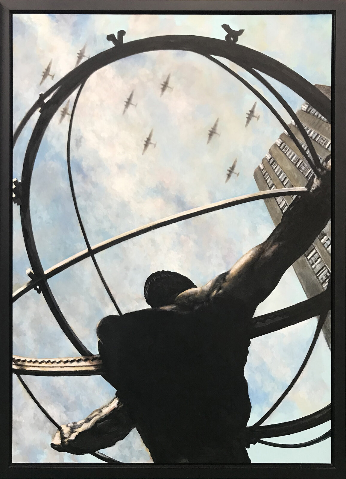 A triptych of noir-style paintings depicting a steam train, a figure holding an armillary sphere, and a gargoyle overlooking a city.