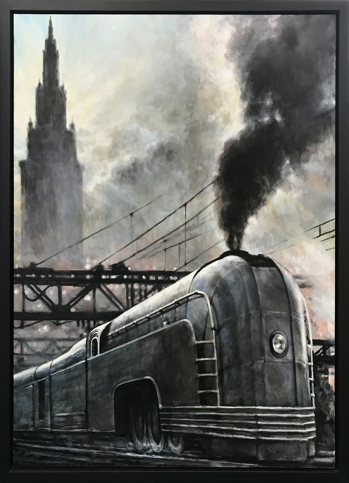 A triptych of noir-style paintings depicting a steam train, a figure holding an armillary sphere, and a gargoyle overlooking a city.