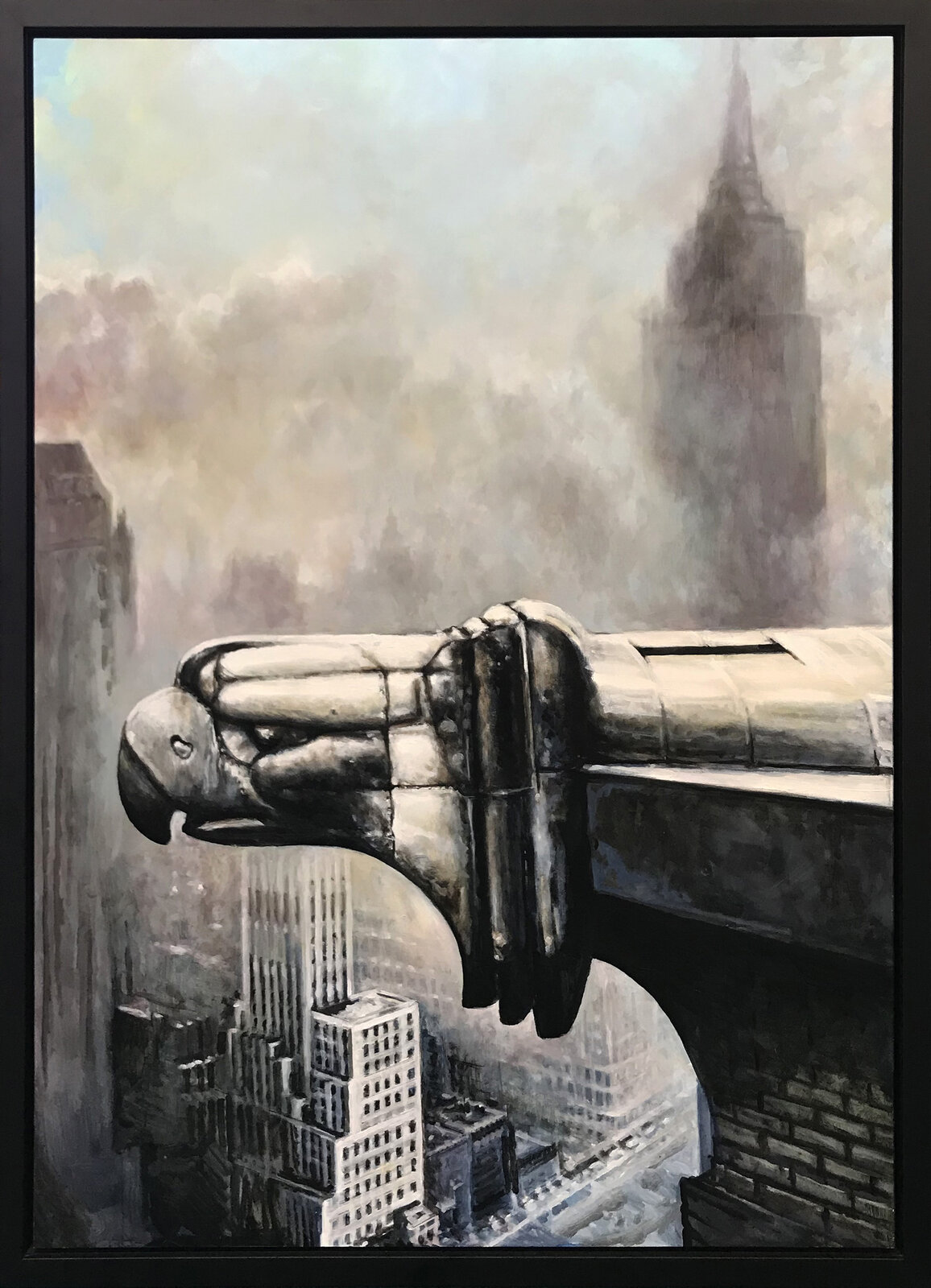 A triptych of noir-style paintings depicting a steam train, a figure holding an armillary sphere, and a gargoyle overlooking a city.