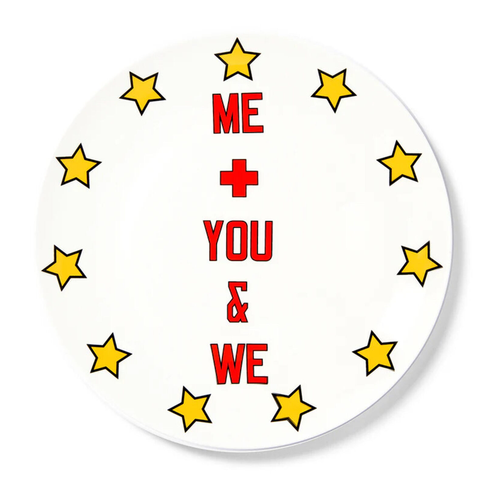 A white plate with yellow stars and the words me plus you and we.