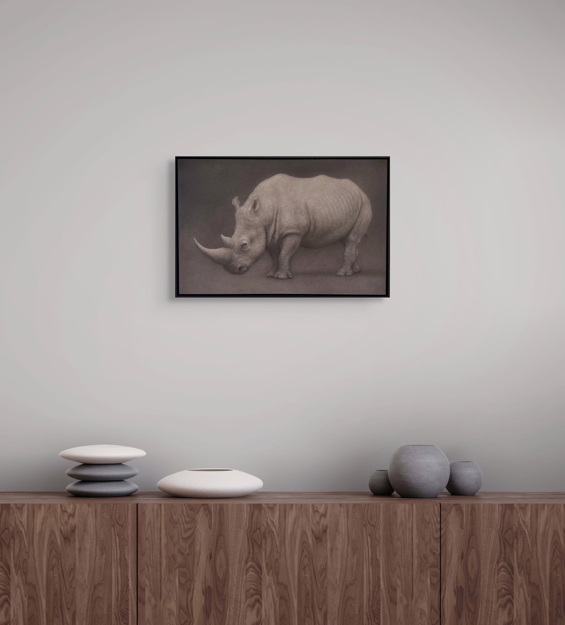 A drawing of a rhino on a black background.