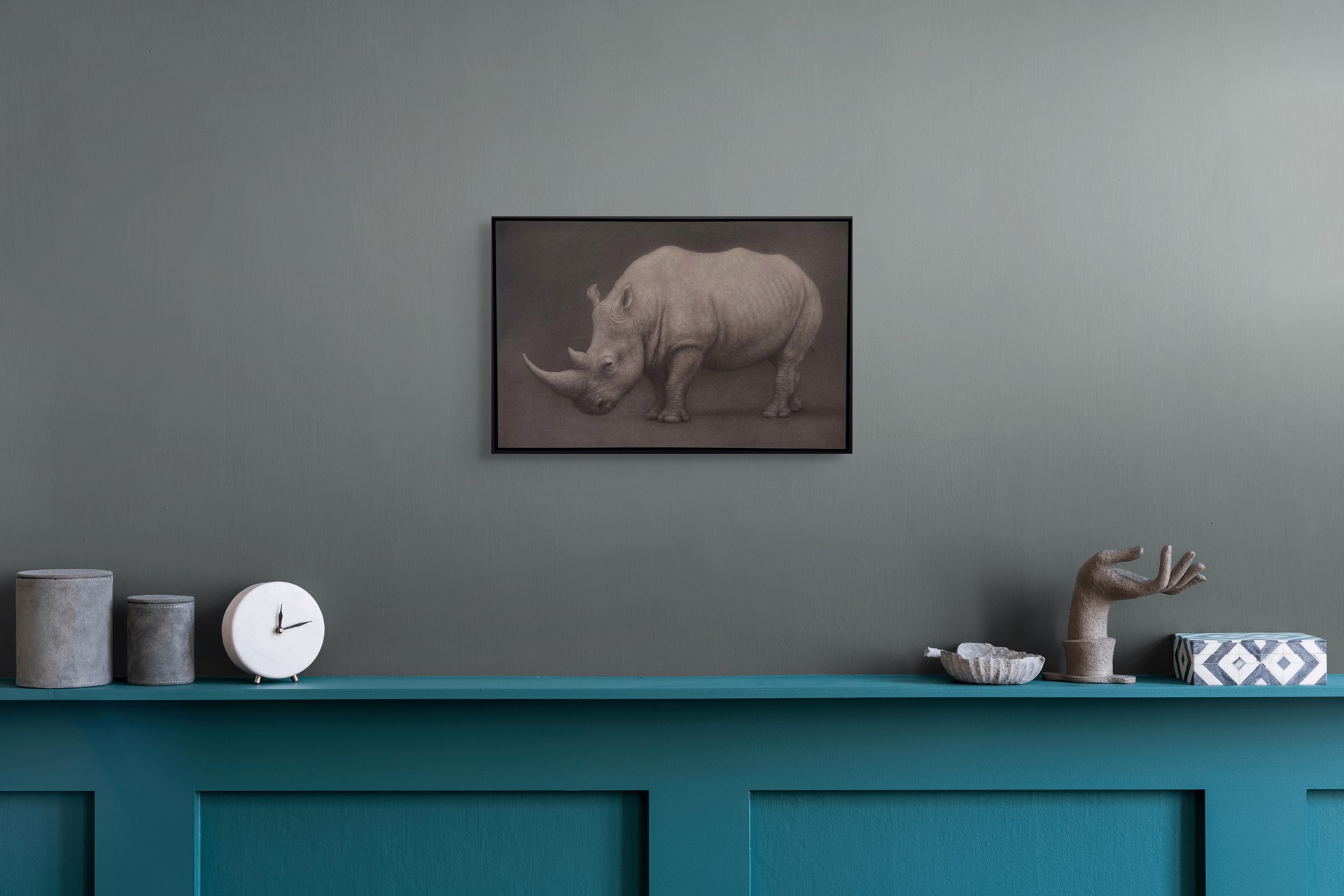 A drawing of a rhino on a black background.