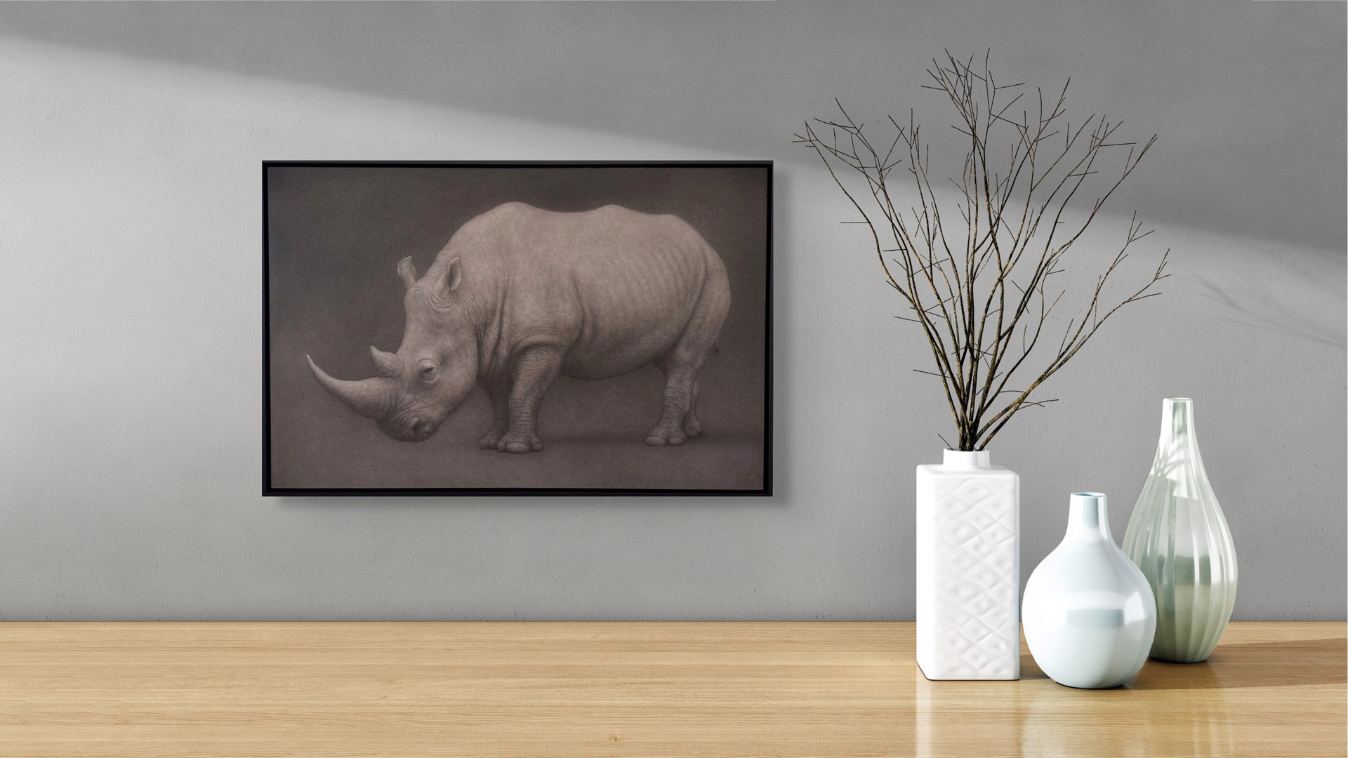 A drawing of a rhino on a black background.