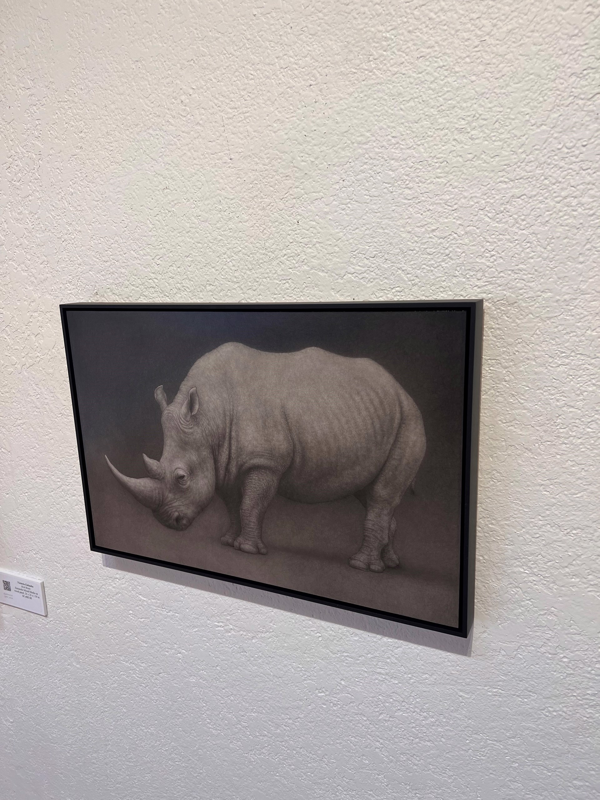 A drawing of a rhino on a black background.