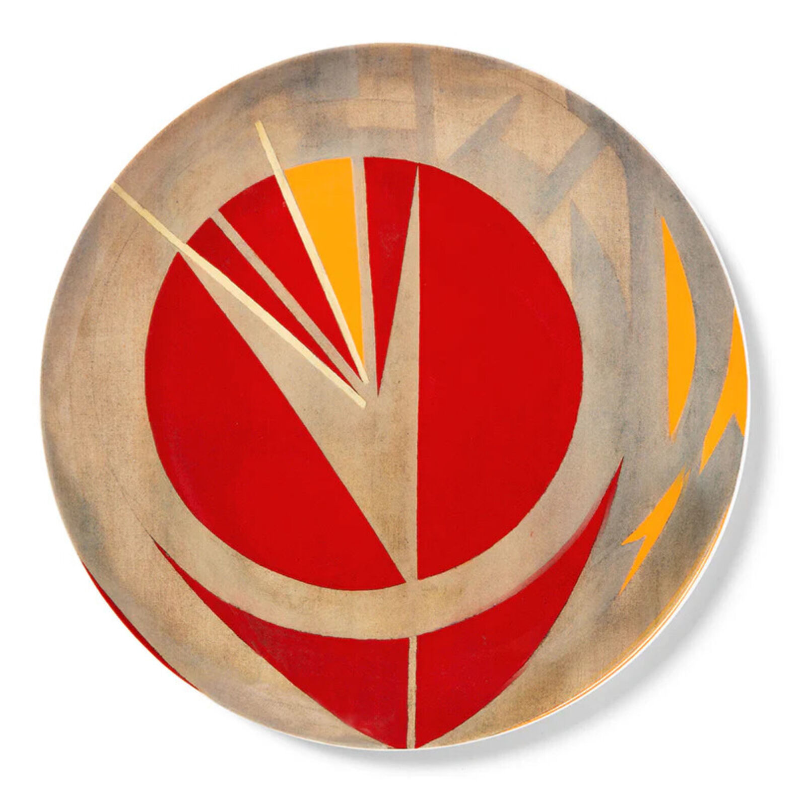A red and yellow plate with a circular design on it.