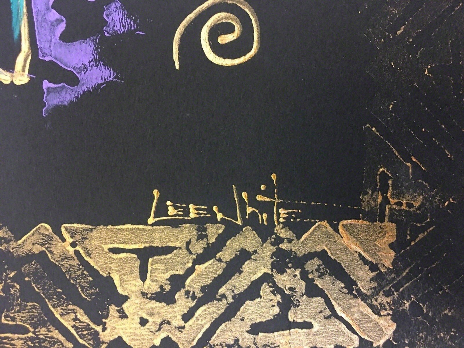 A painting of a woman with colorful hair on a black background.