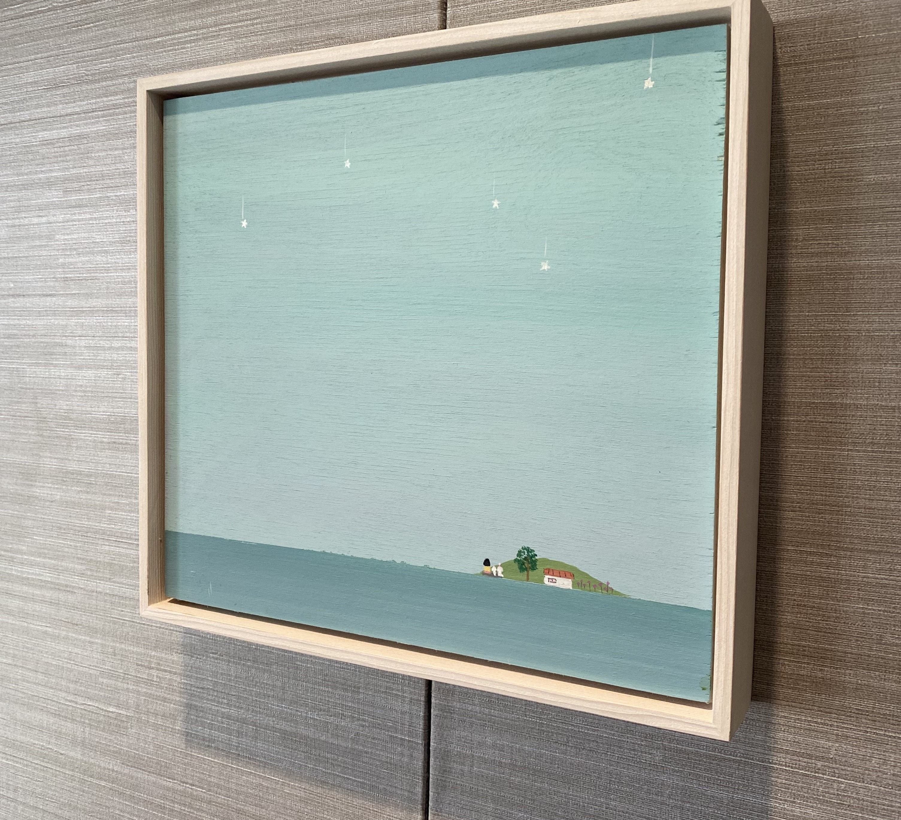 A painting of a small island in the middle of a body of water.