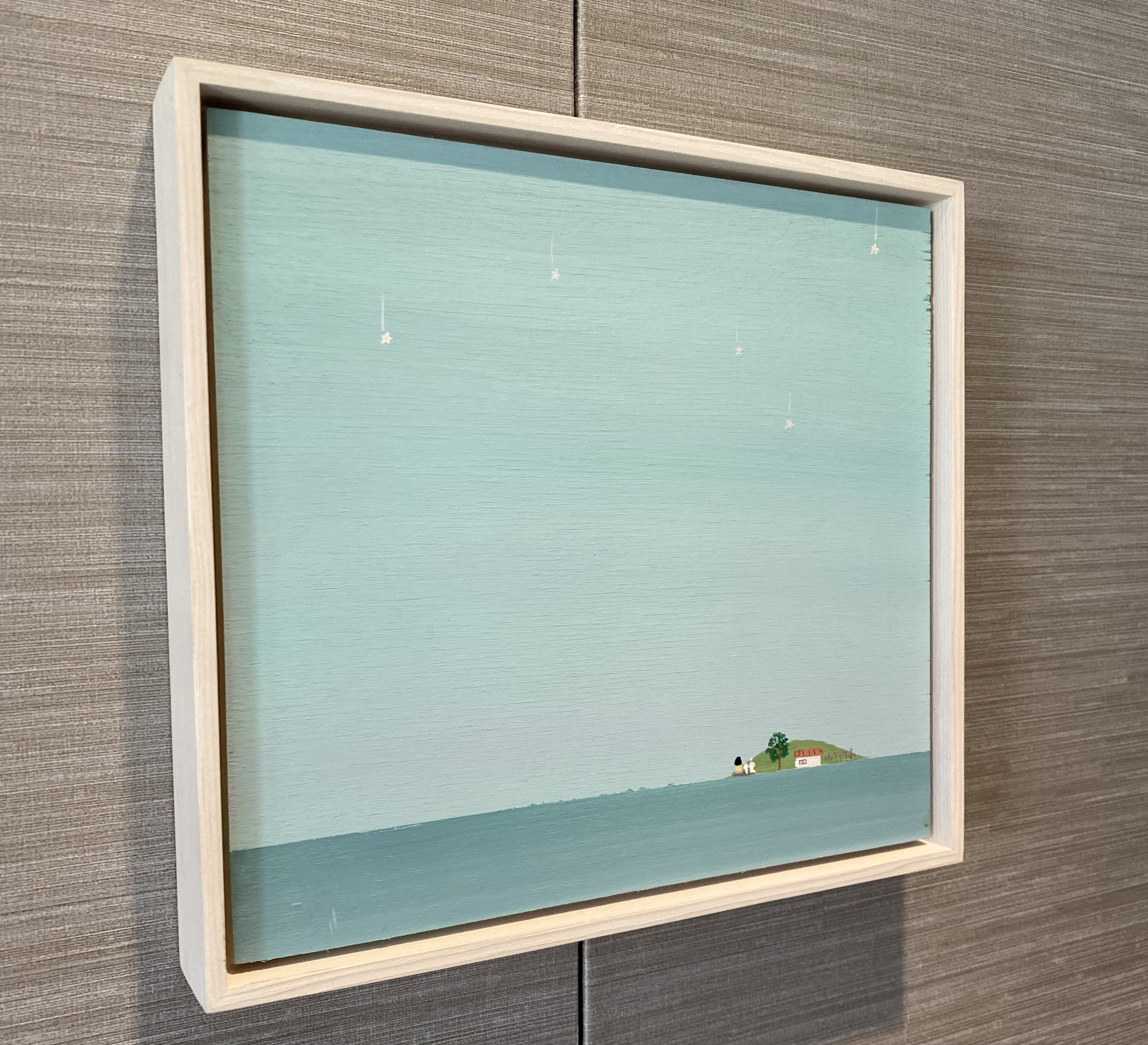 A painting of a small island in the middle of a body of water.