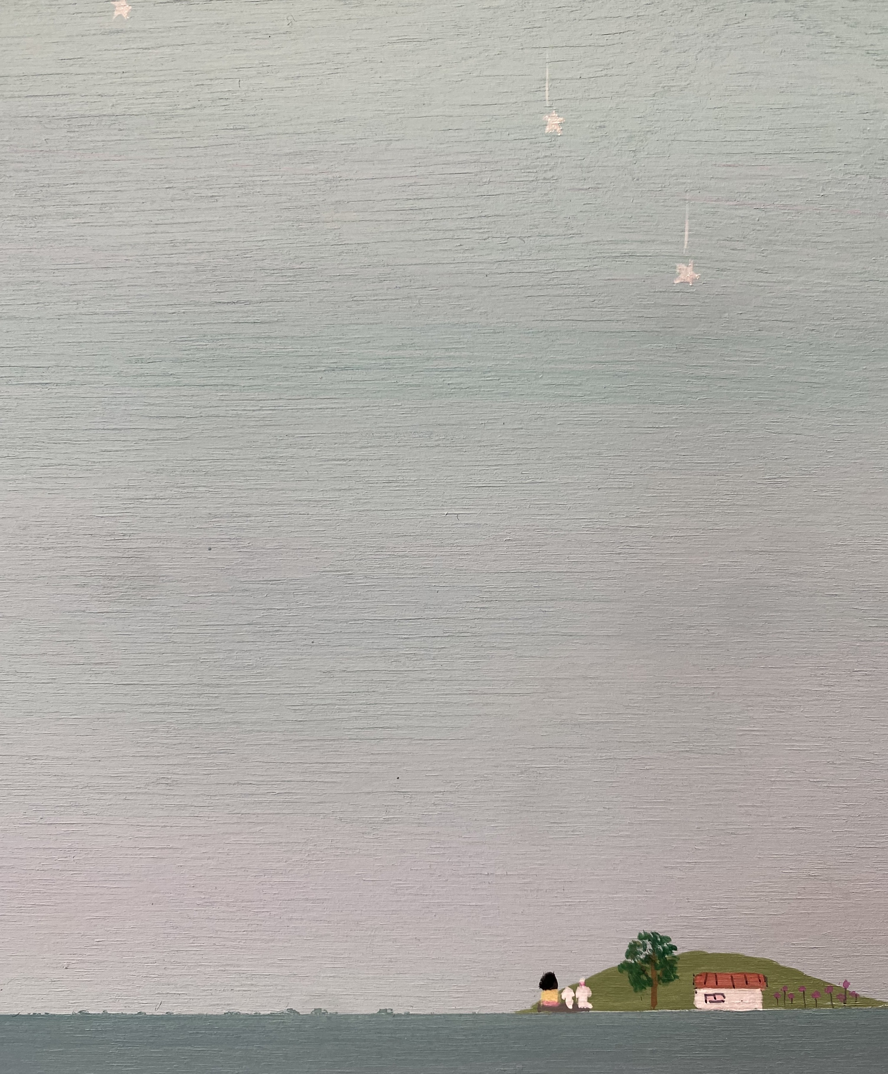A painting of a small island in the middle of a body of water.