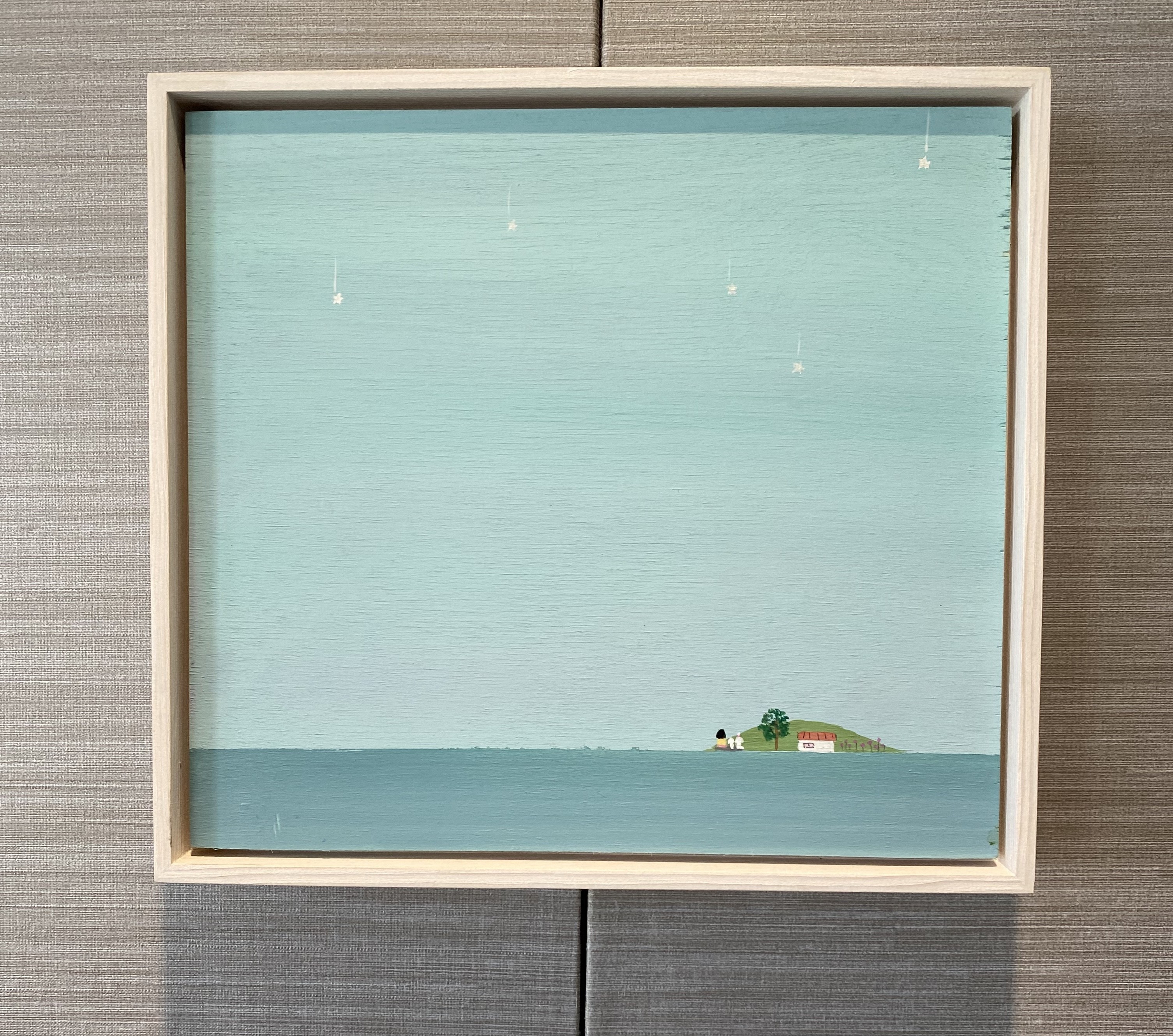 A painting of a small island in the middle of a body of water.