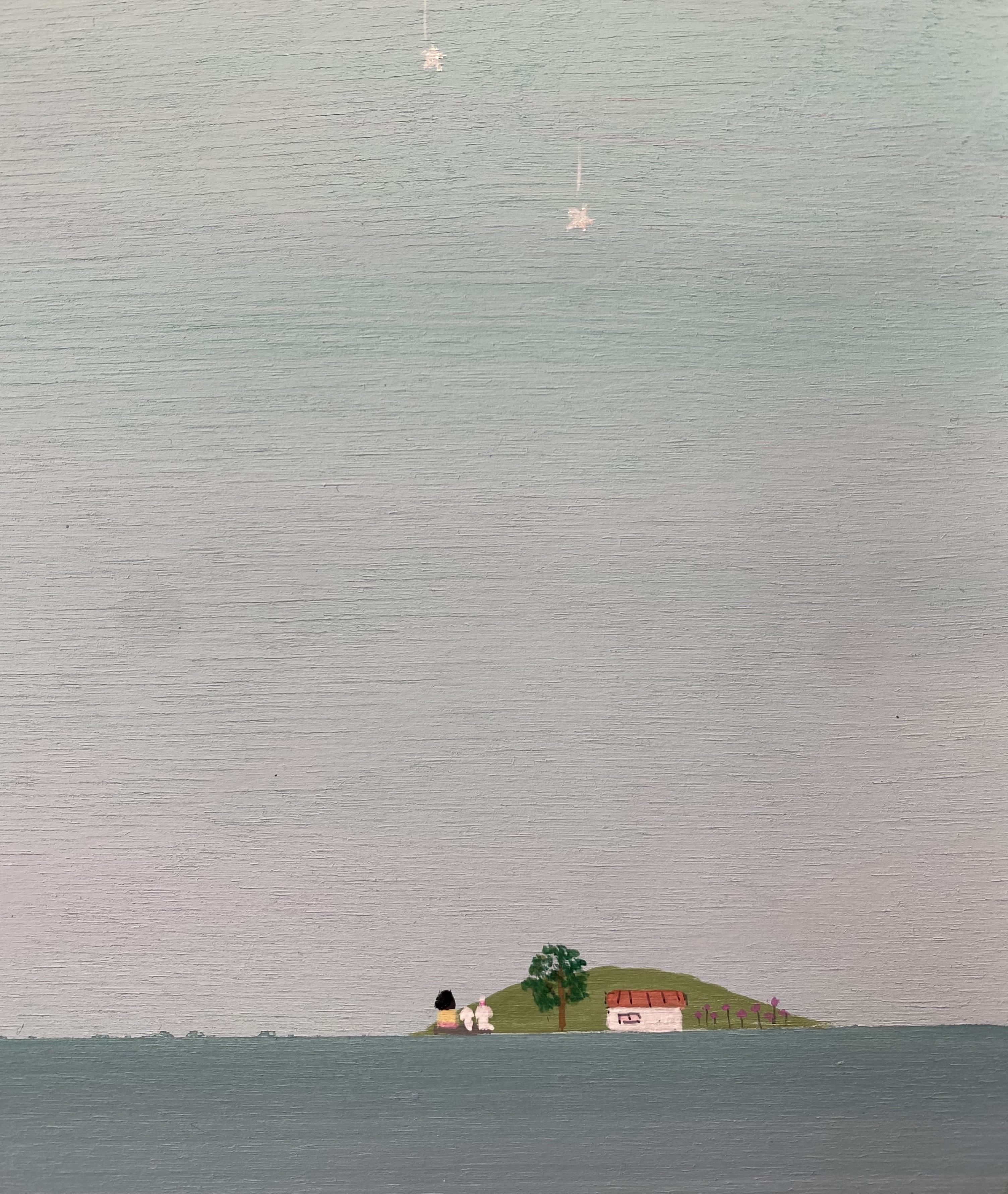 A painting of a small island in the middle of a body of water.