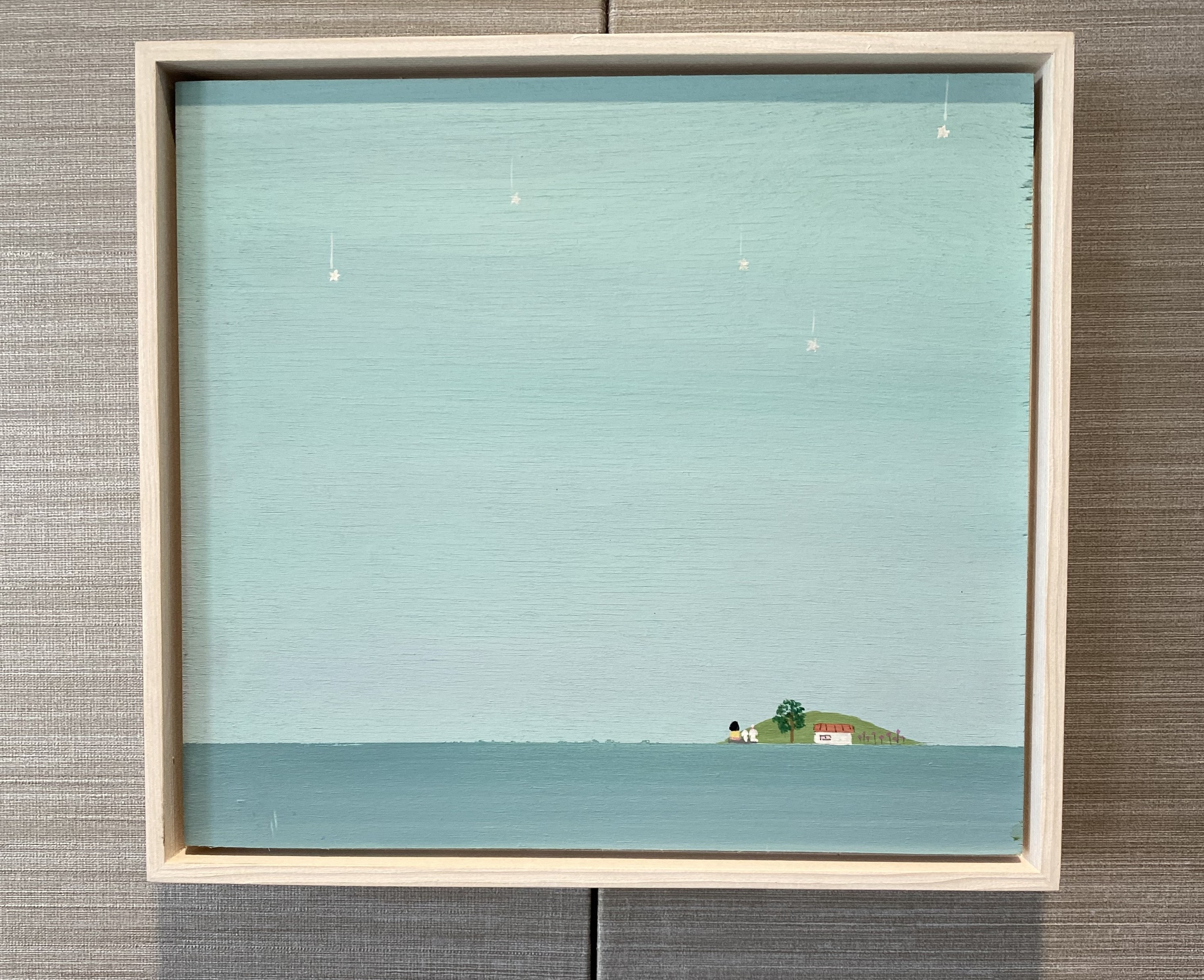 A painting of a small island in the middle of a body of water.