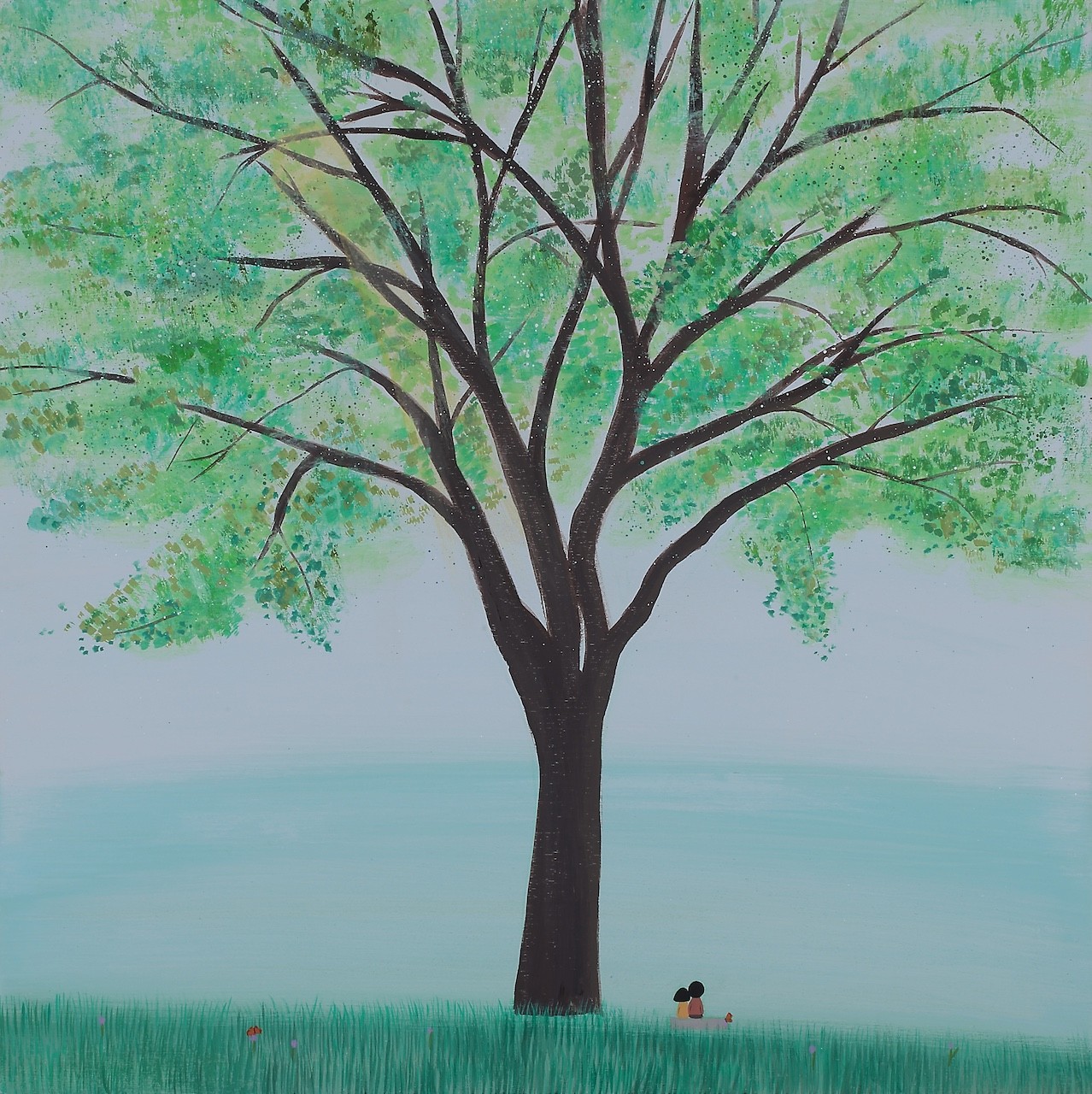 A large tree with a dark trunk and green foliage stands over a grassy field where two small figures sit together.
