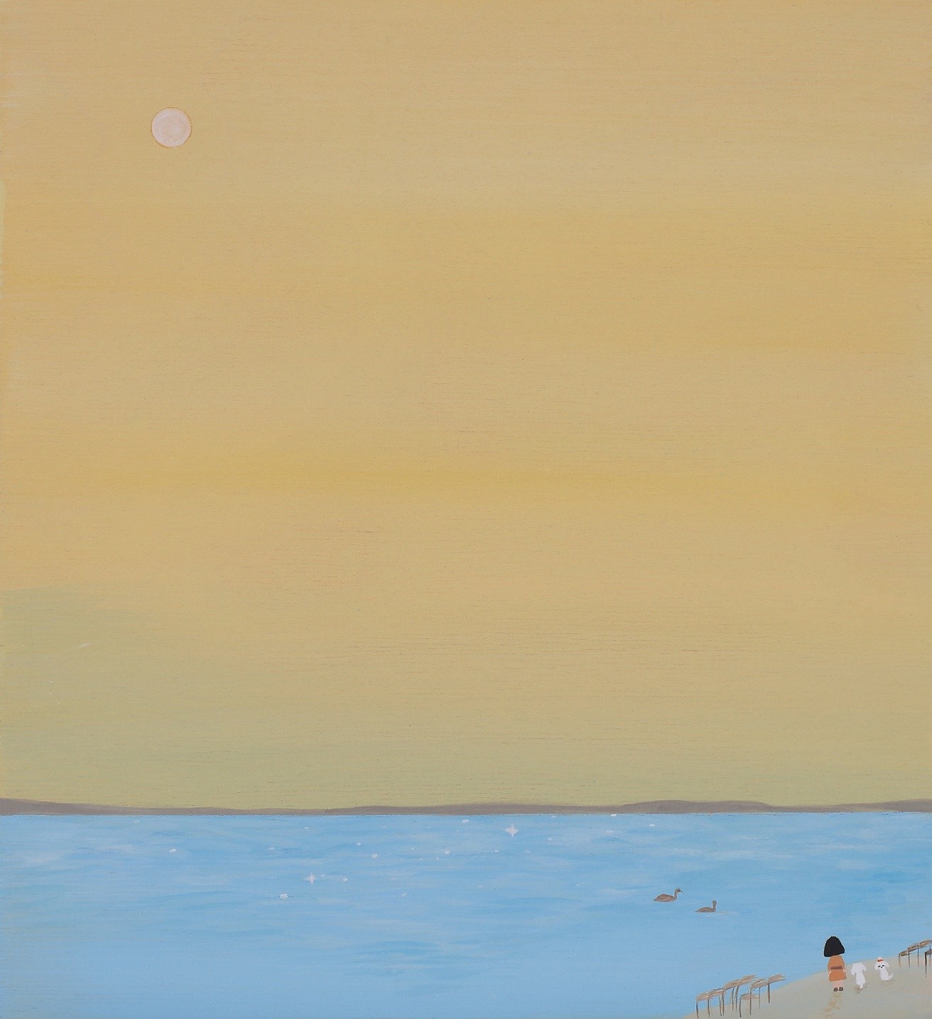 A painting of a beach scene with people walking on the beach.