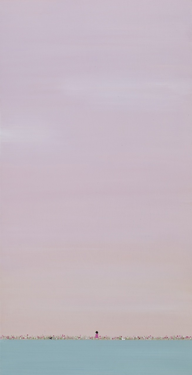 A solitary figure stands in a field of flowers under a vast, pastel sky.
