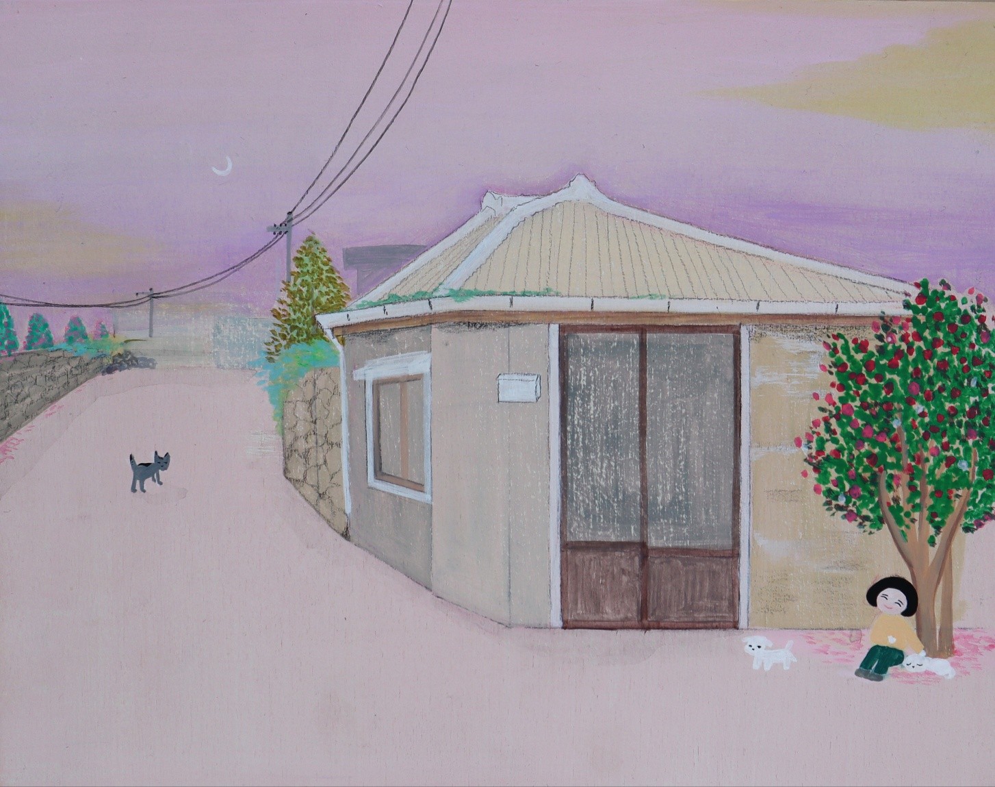 A whimsical painting of a small house with a person sitting under a tree and a dog walking away.