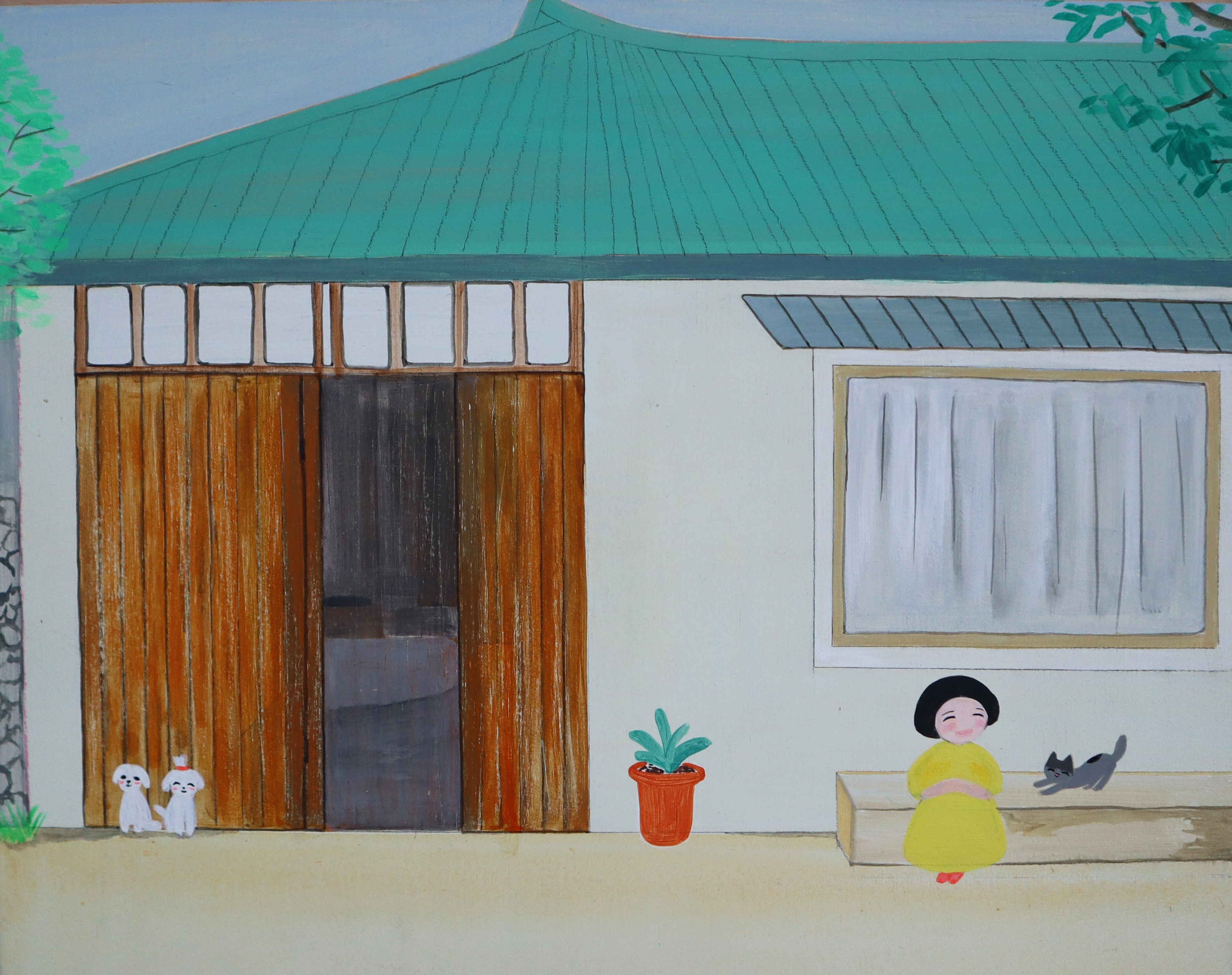 A painting of a woman sitting on a bench in front of a house.