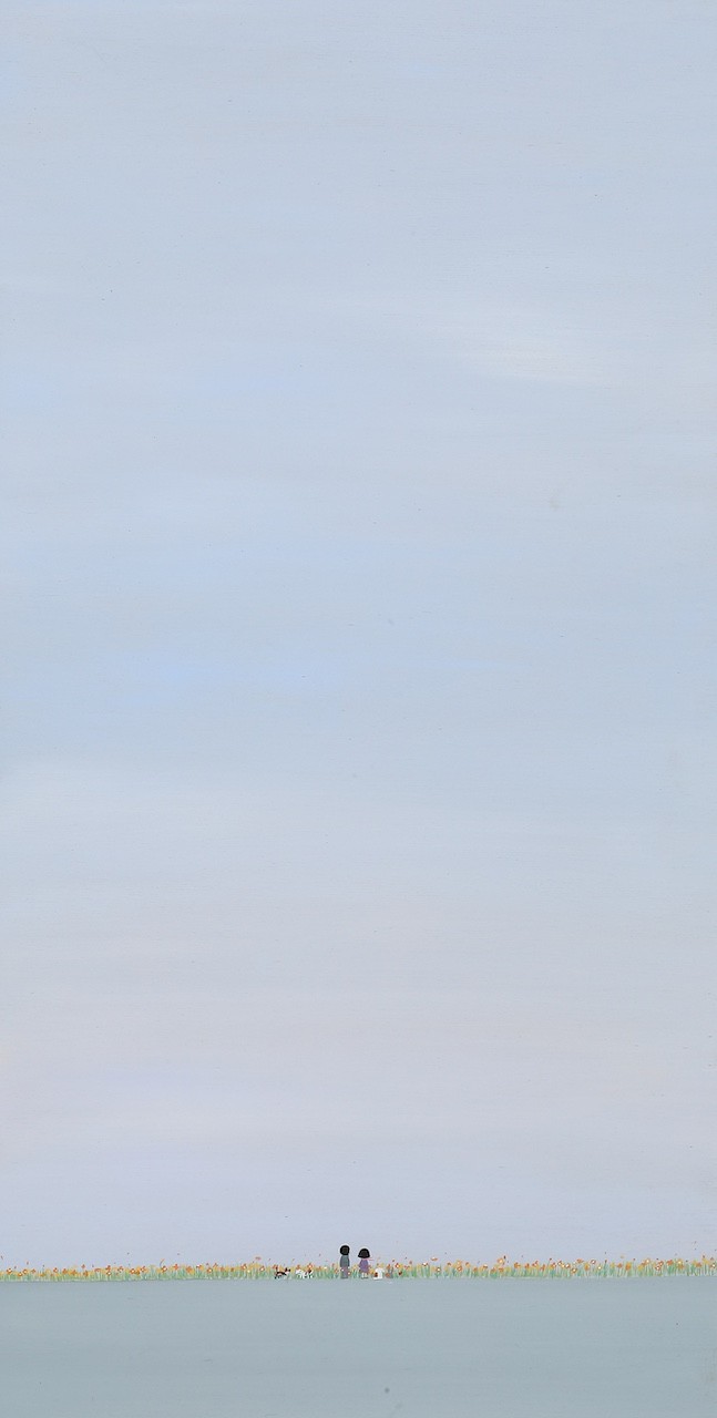 A minimalist landscape featuring a distant shoreline with tiny figures against a vast, muted sky.