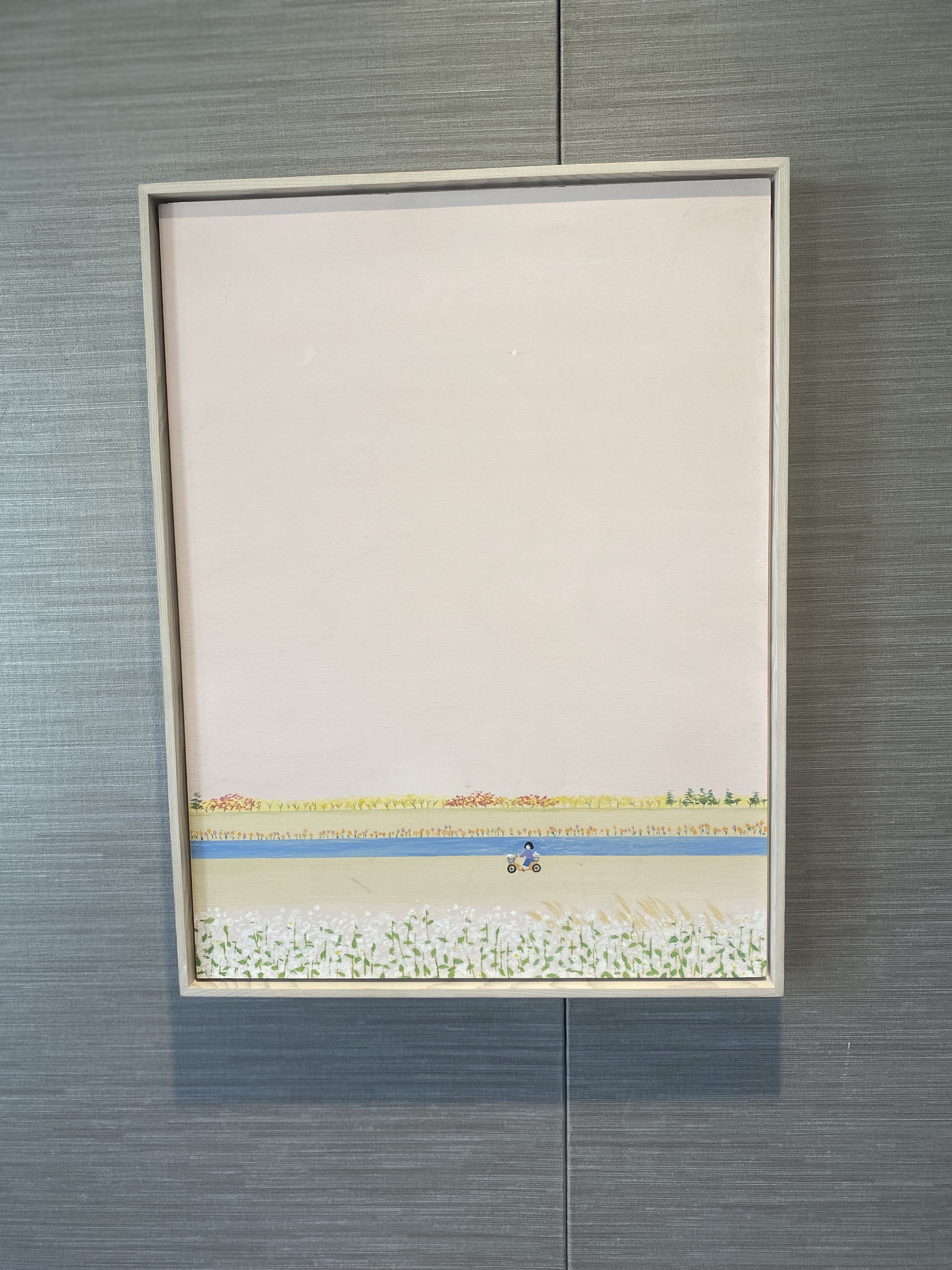 A minimalist landscape painting featuring a distant figure on a bicycle against a layered horizon of fields and sky.