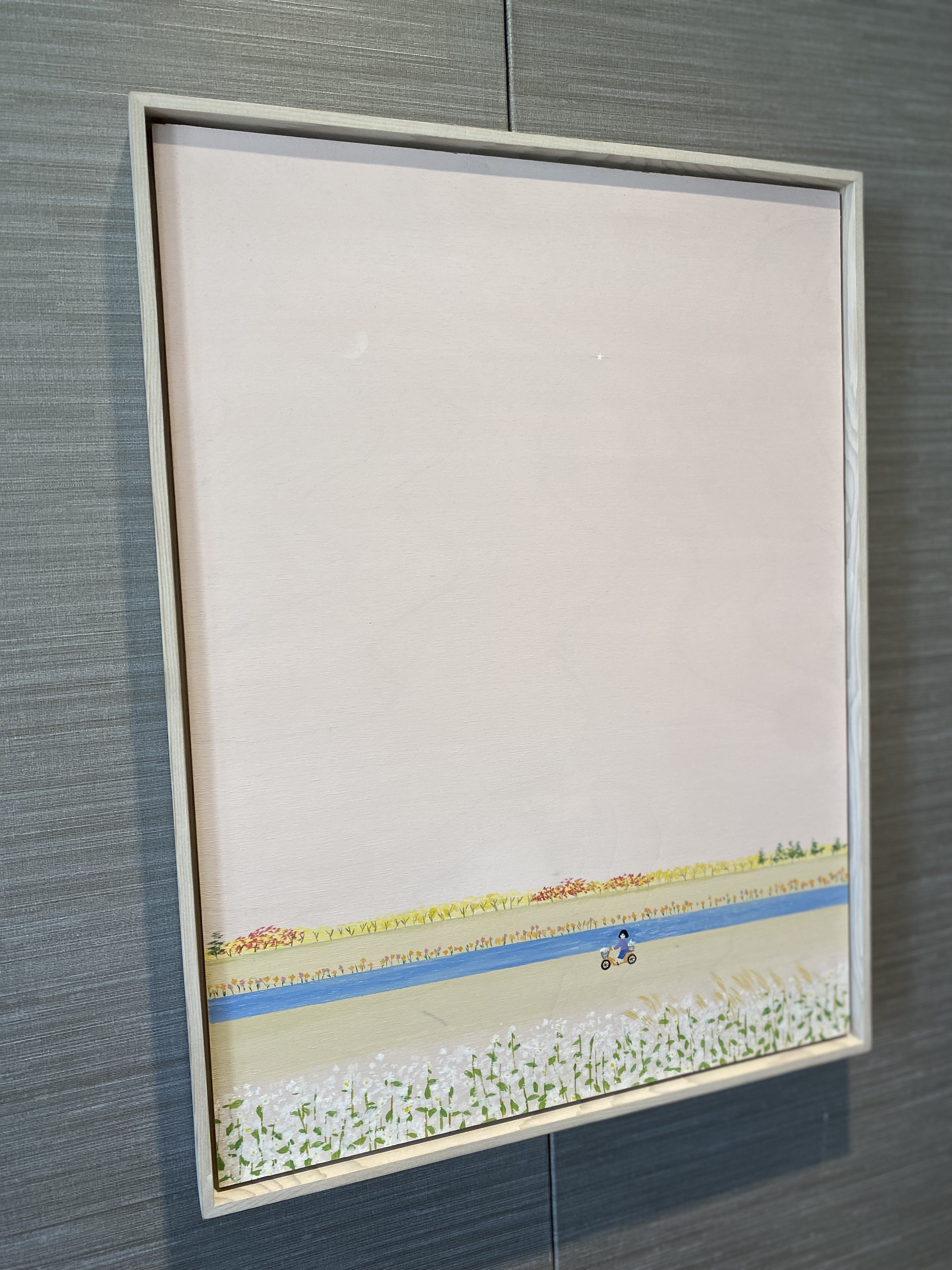 A minimalist landscape painting featuring a distant figure on a bicycle against a layered horizon of fields and sky.