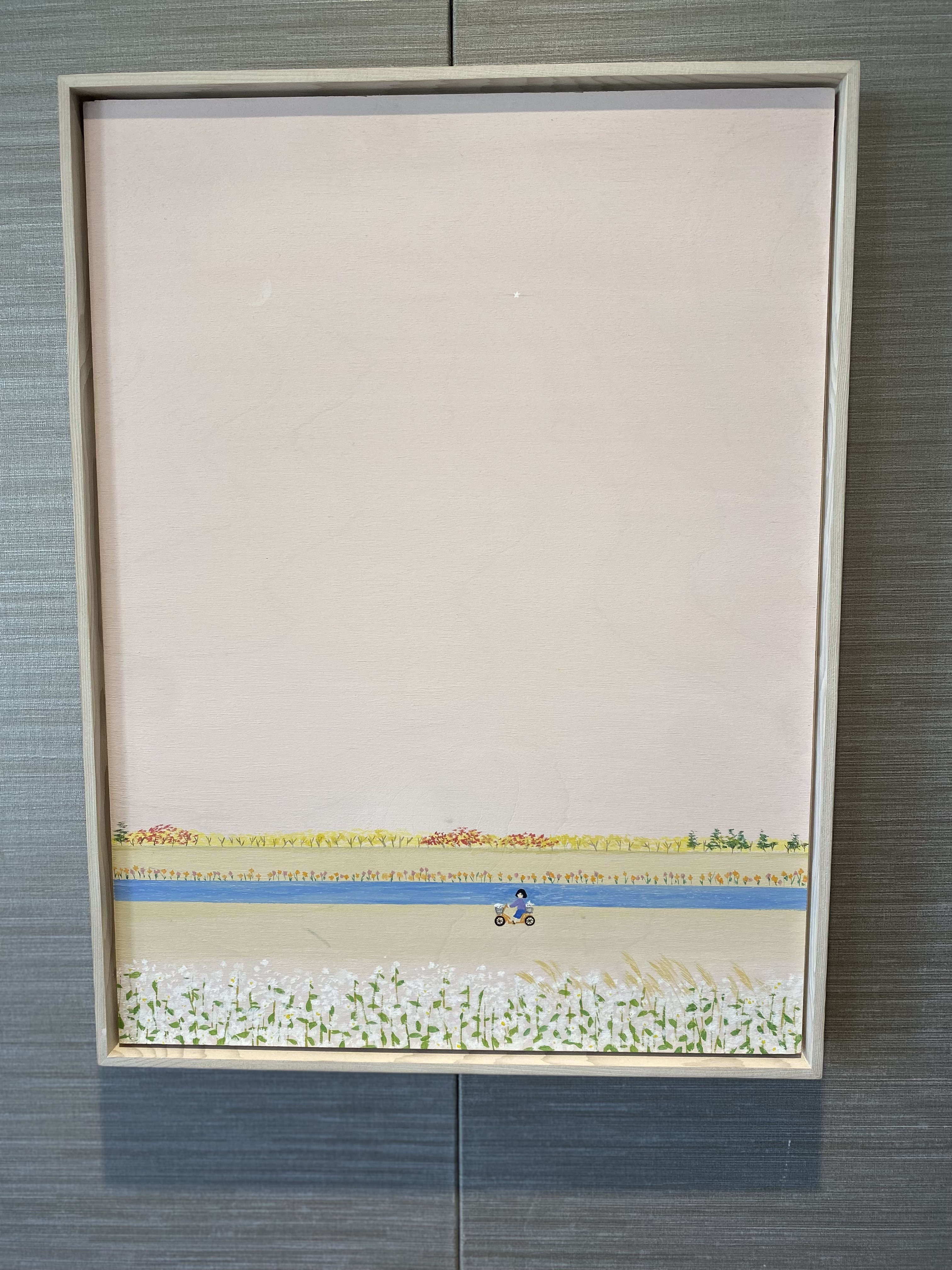 A minimalist landscape painting featuring a distant figure on a bicycle against a layered horizon of fields and sky.