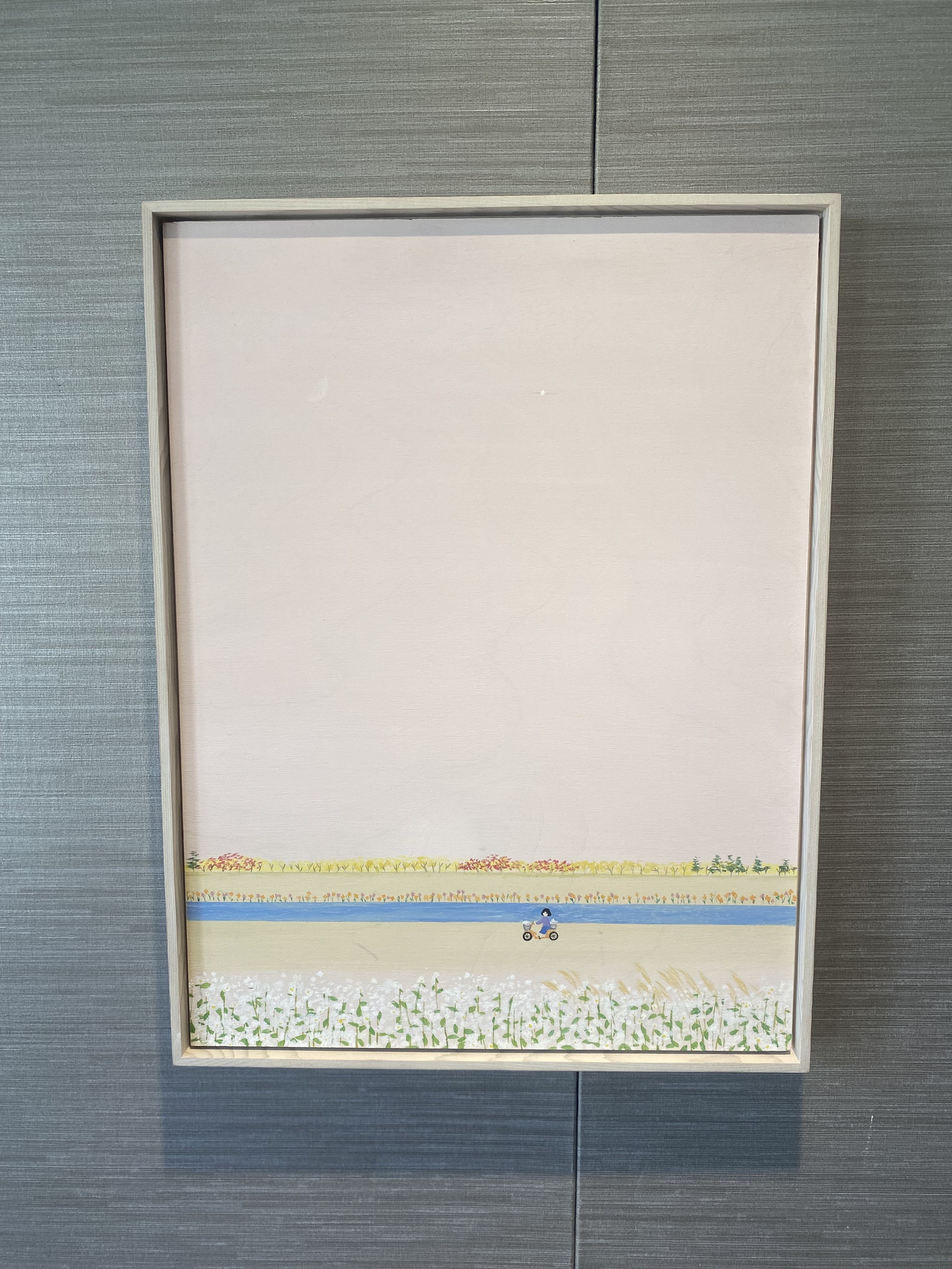 A minimalist landscape painting featuring a distant figure on a bicycle against a layered horizon of fields and sky.