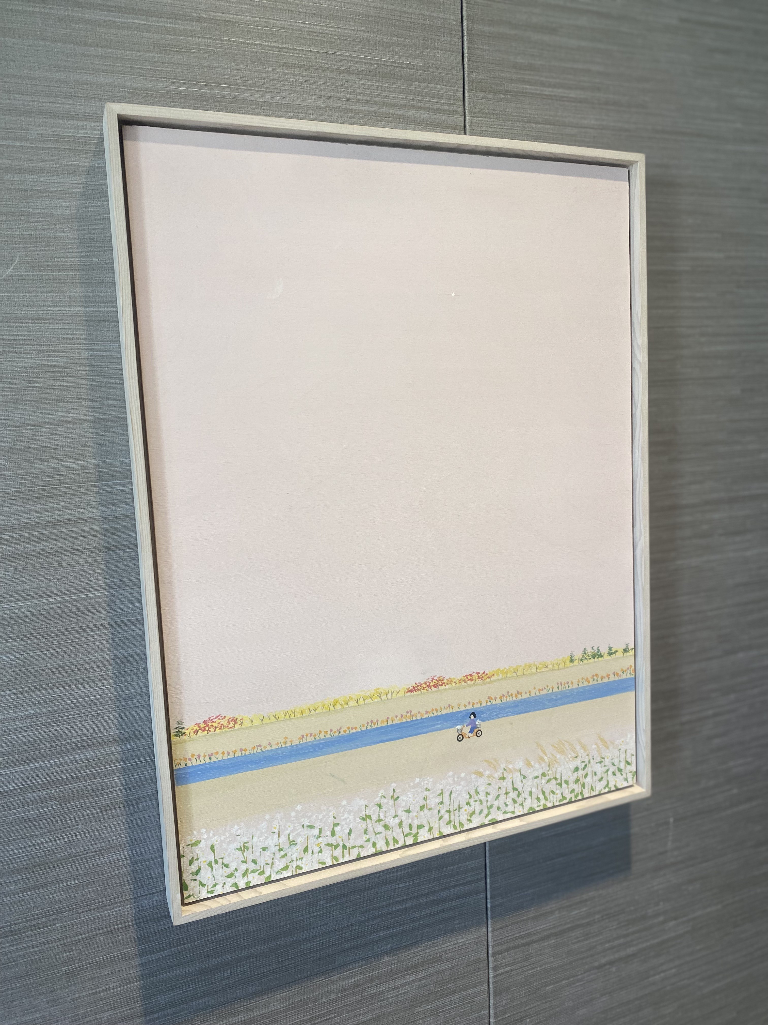A minimalist landscape painting featuring a distant figure on a bicycle against a layered horizon of fields and sky.