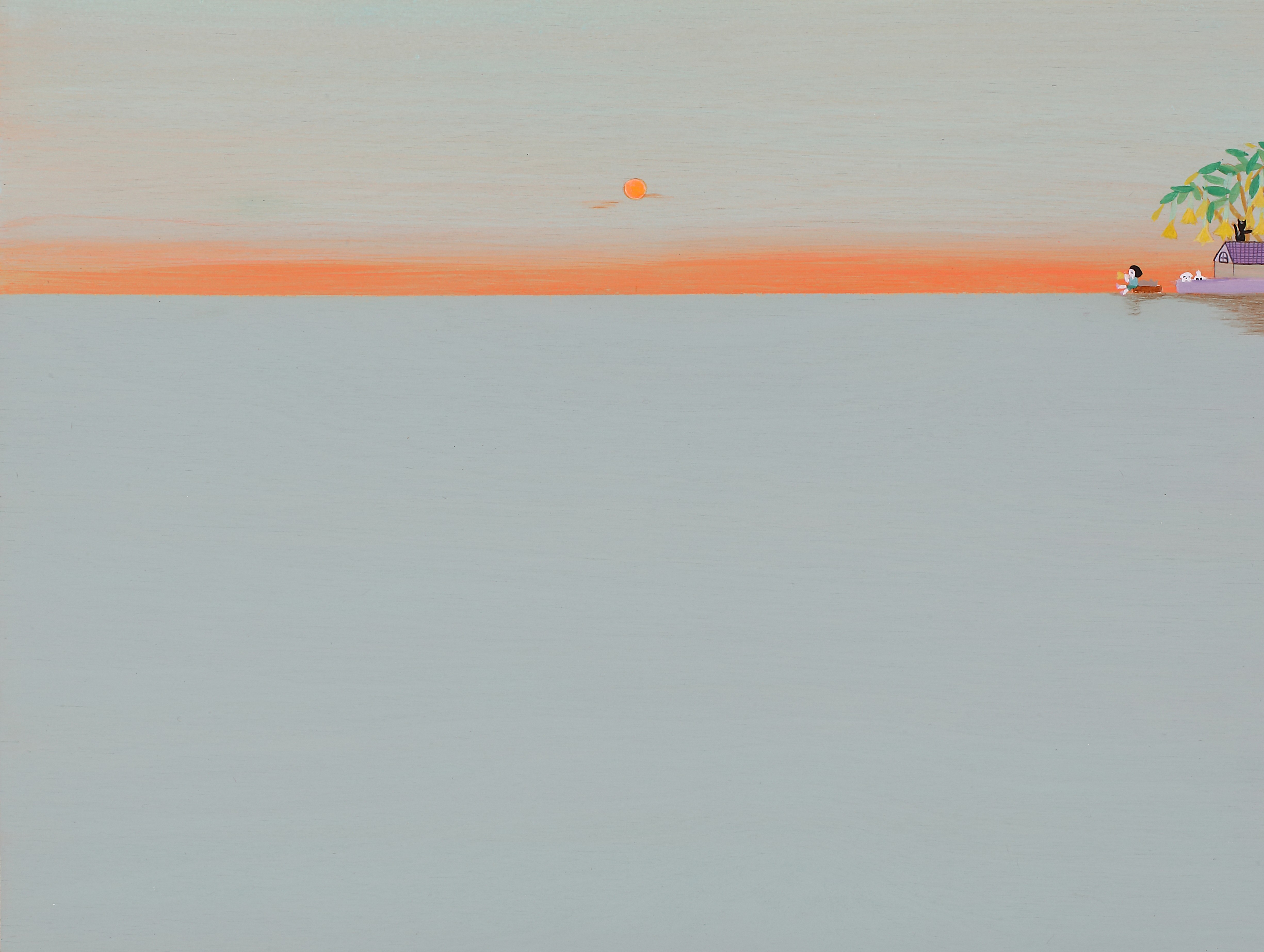 A minimalist seascape painting featuring a distant shoreline with figures and a palm tree under an orange sky.
