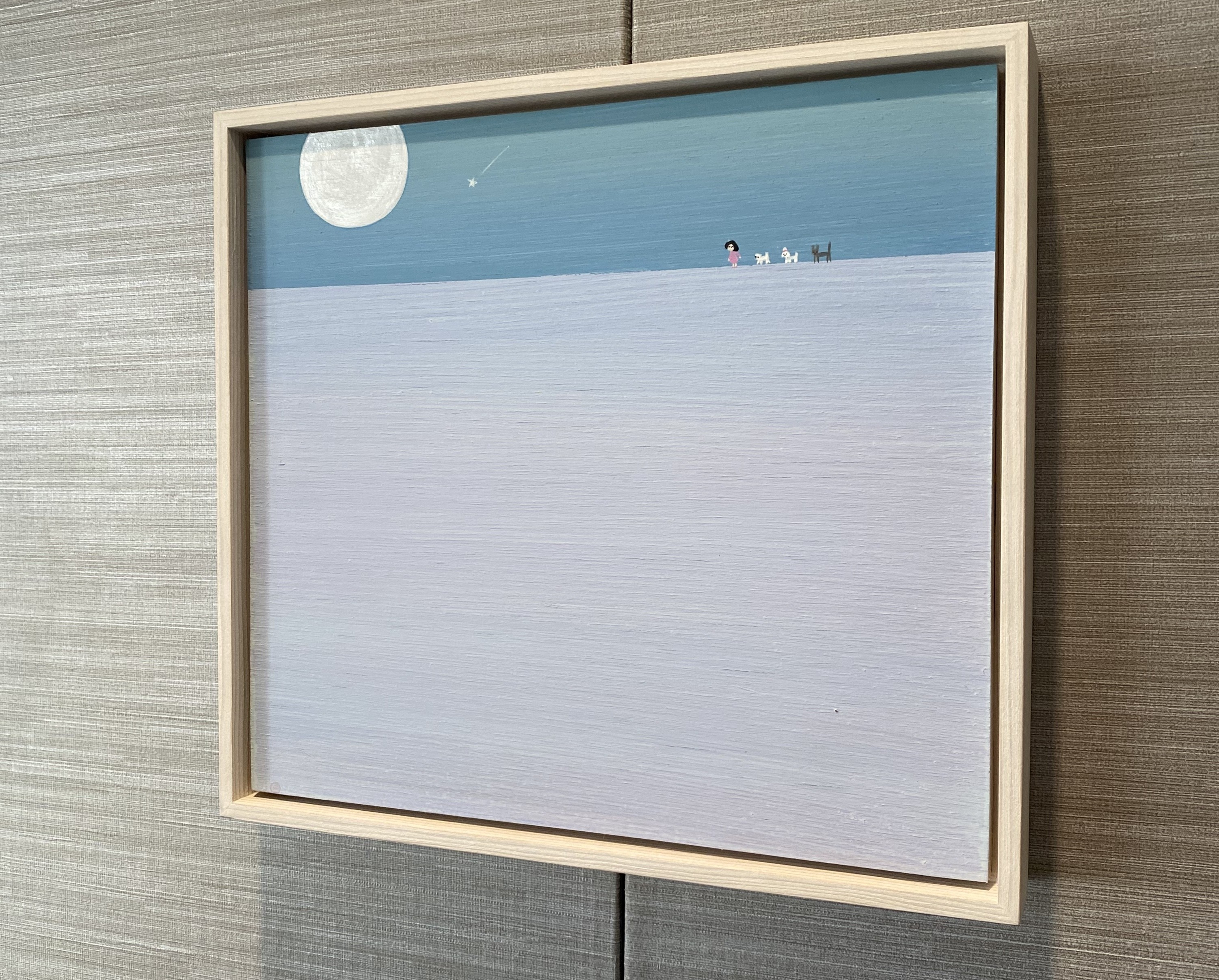 A painting of a moon and a plane flying in the sky.