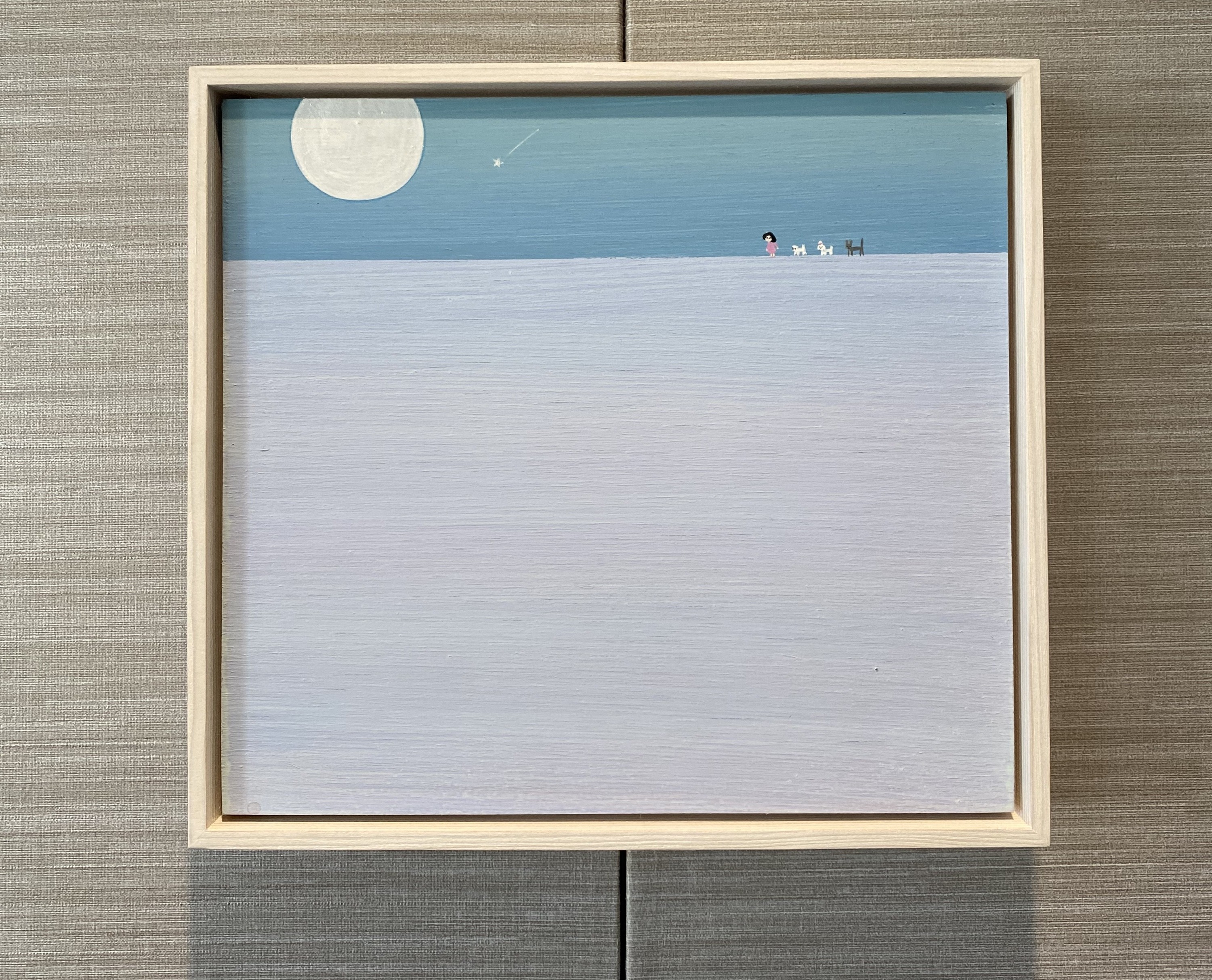 A painting of a moon and a plane flying in the sky.
