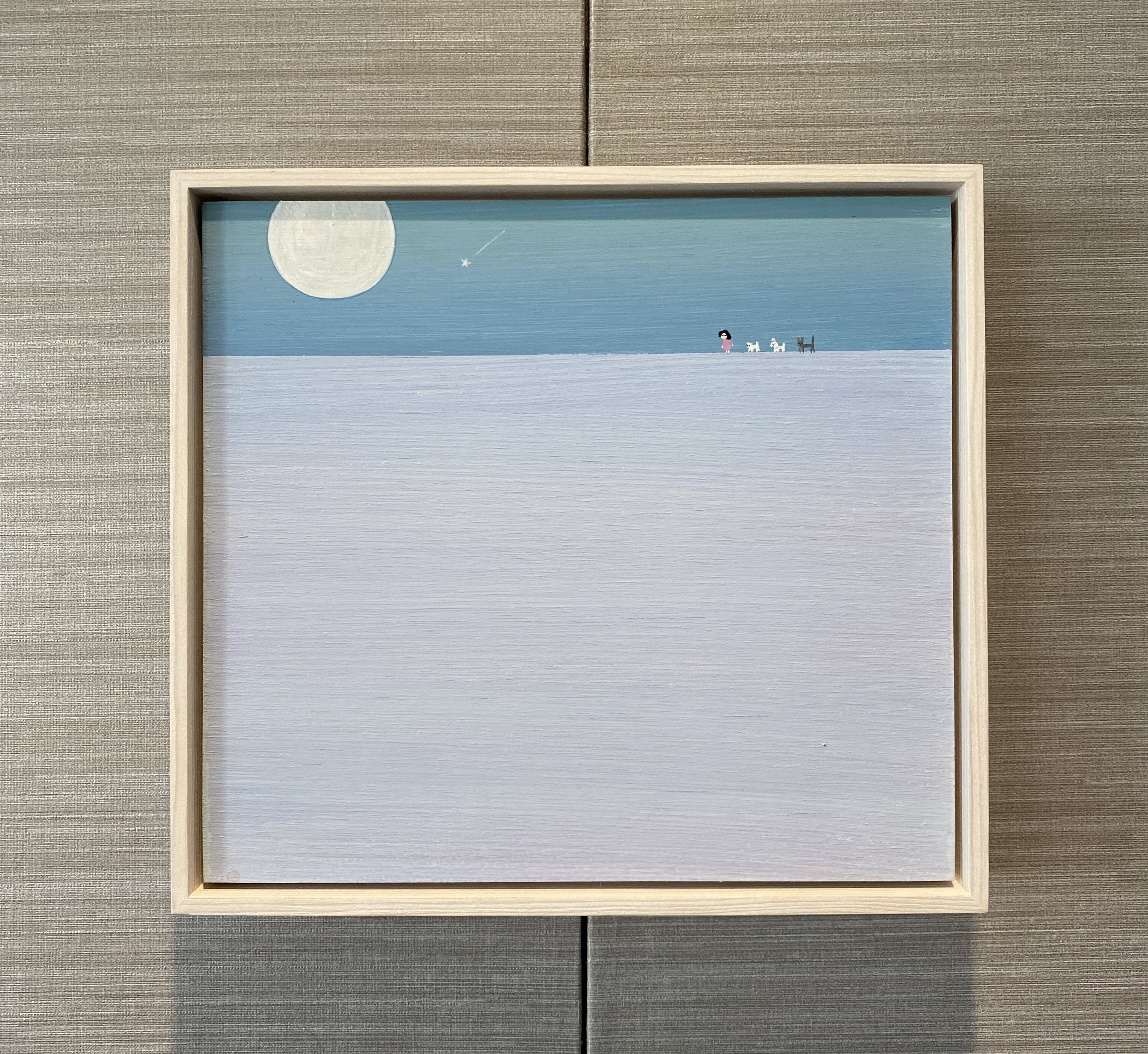 A painting of a moon and a plane flying in the sky.