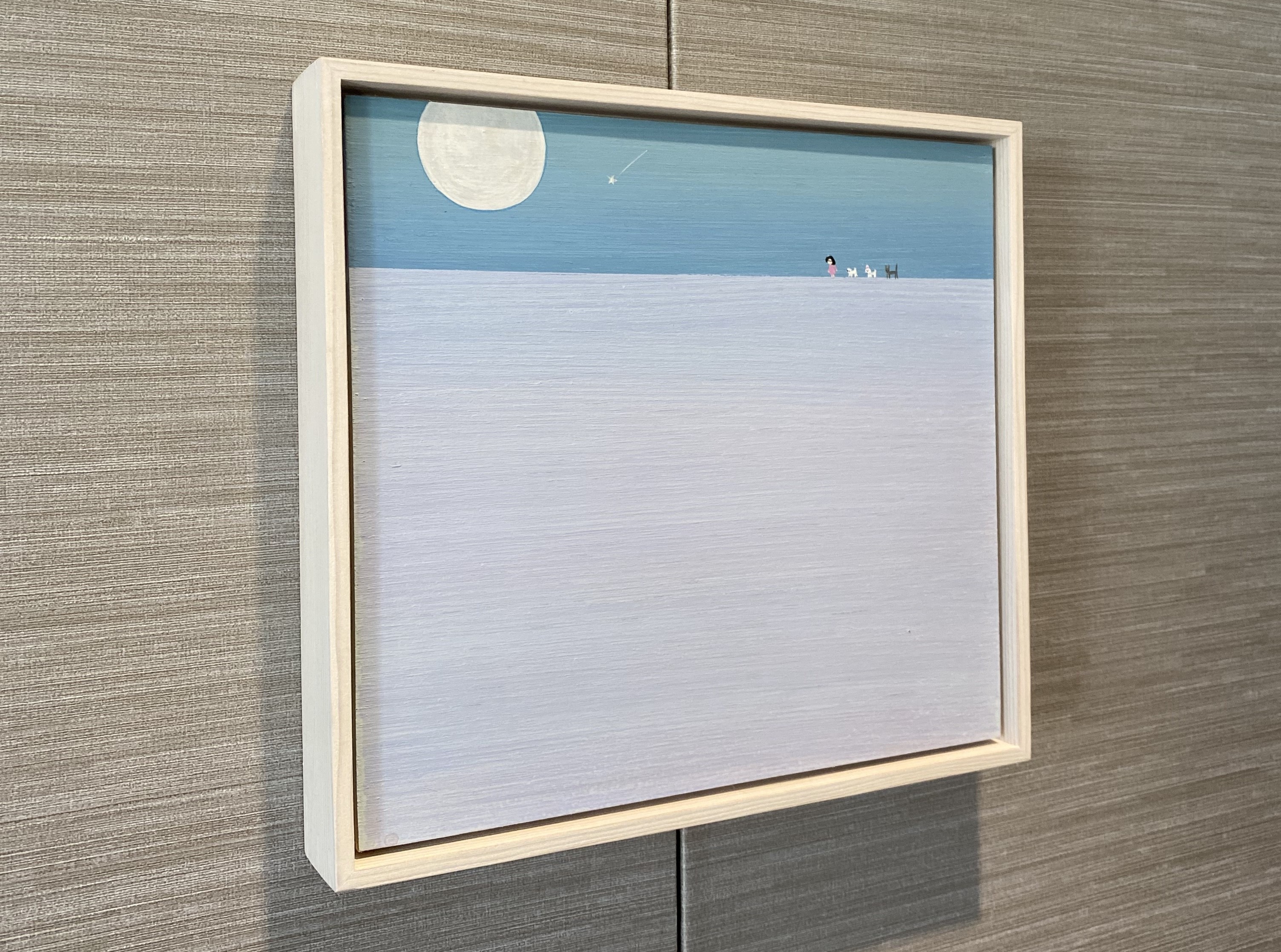 A painting of a moon and a plane flying in the sky.