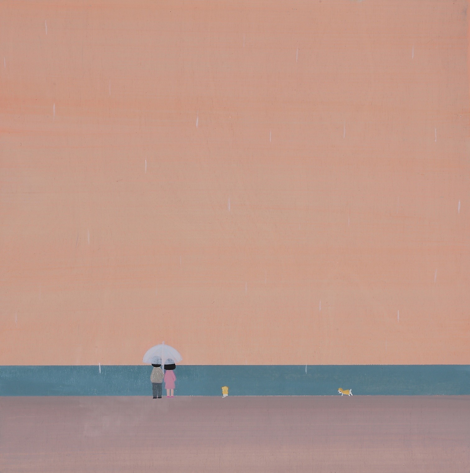 A painting of two people walking in the rain with an umbrella.