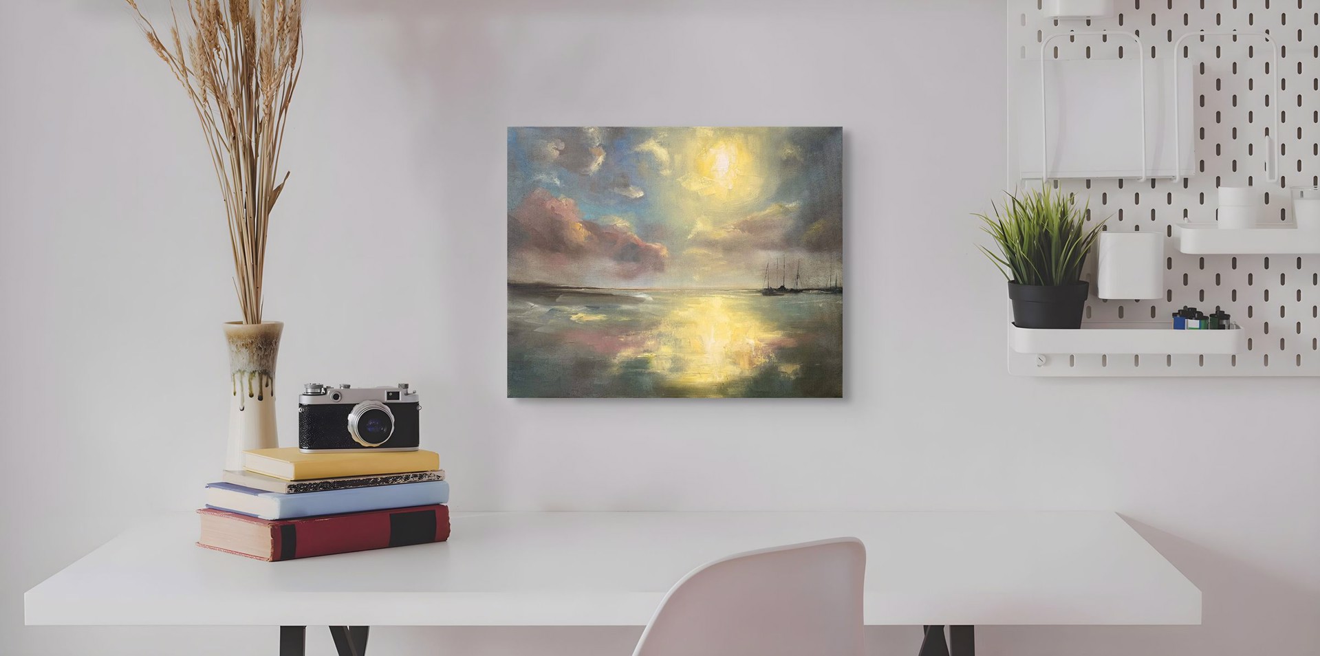 A seascape painting of a calm bay at sunset with anchored sailboats.