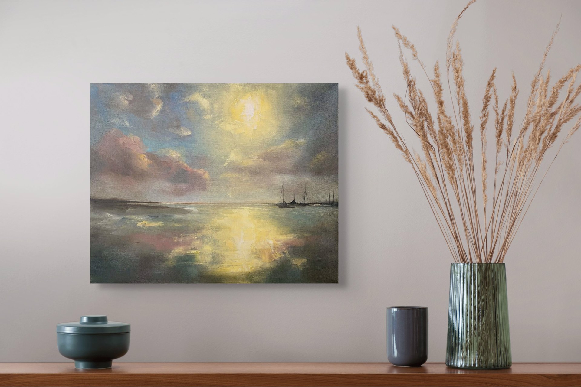 A seascape painting of a calm bay at sunset with anchored sailboats.