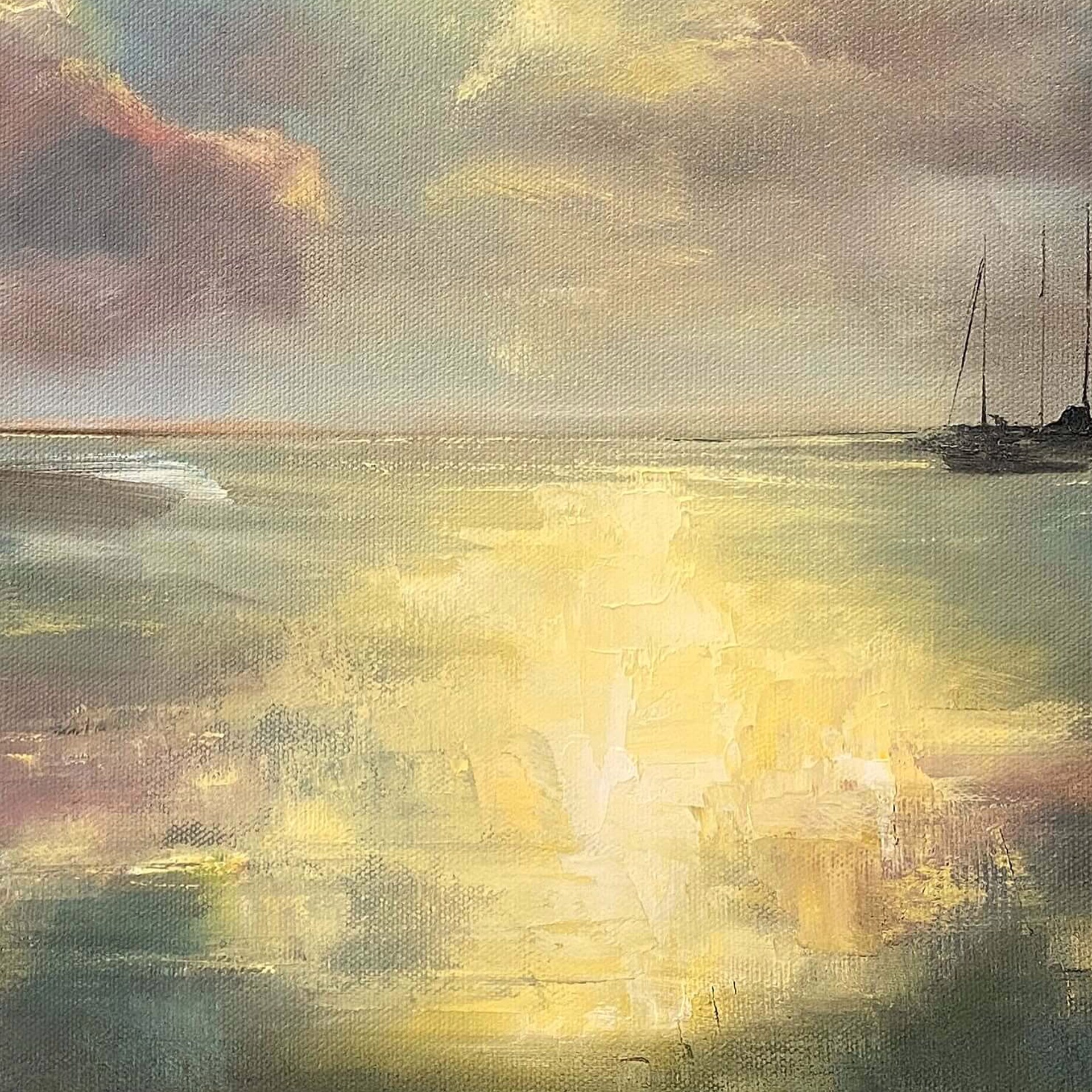 A seascape painting of a calm bay at sunset with anchored sailboats.